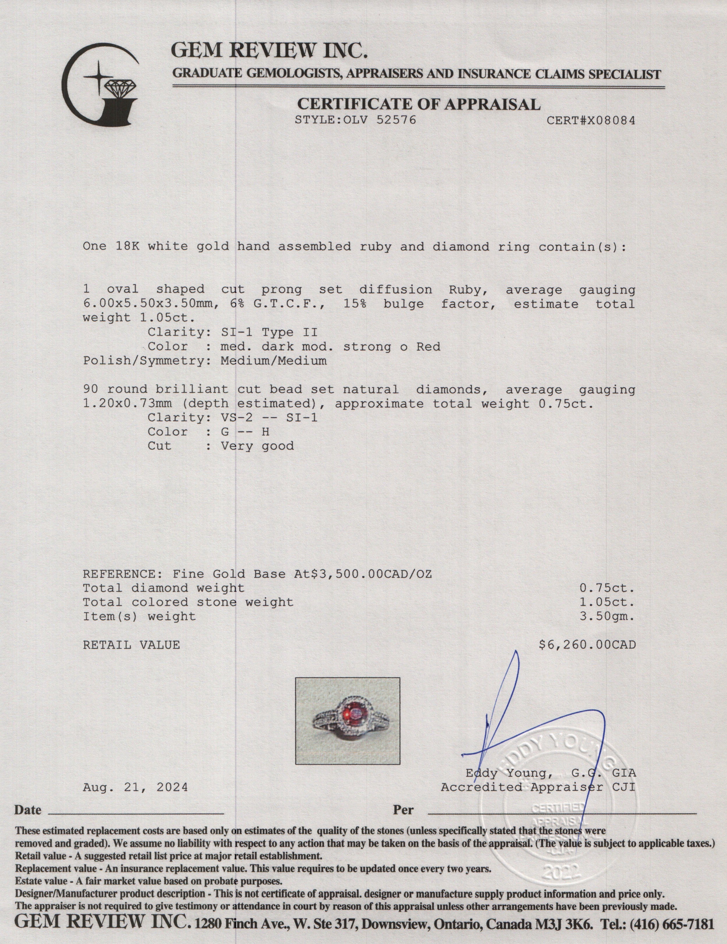 18k White Gold Ruby and Diamond Ring, Size 6.75