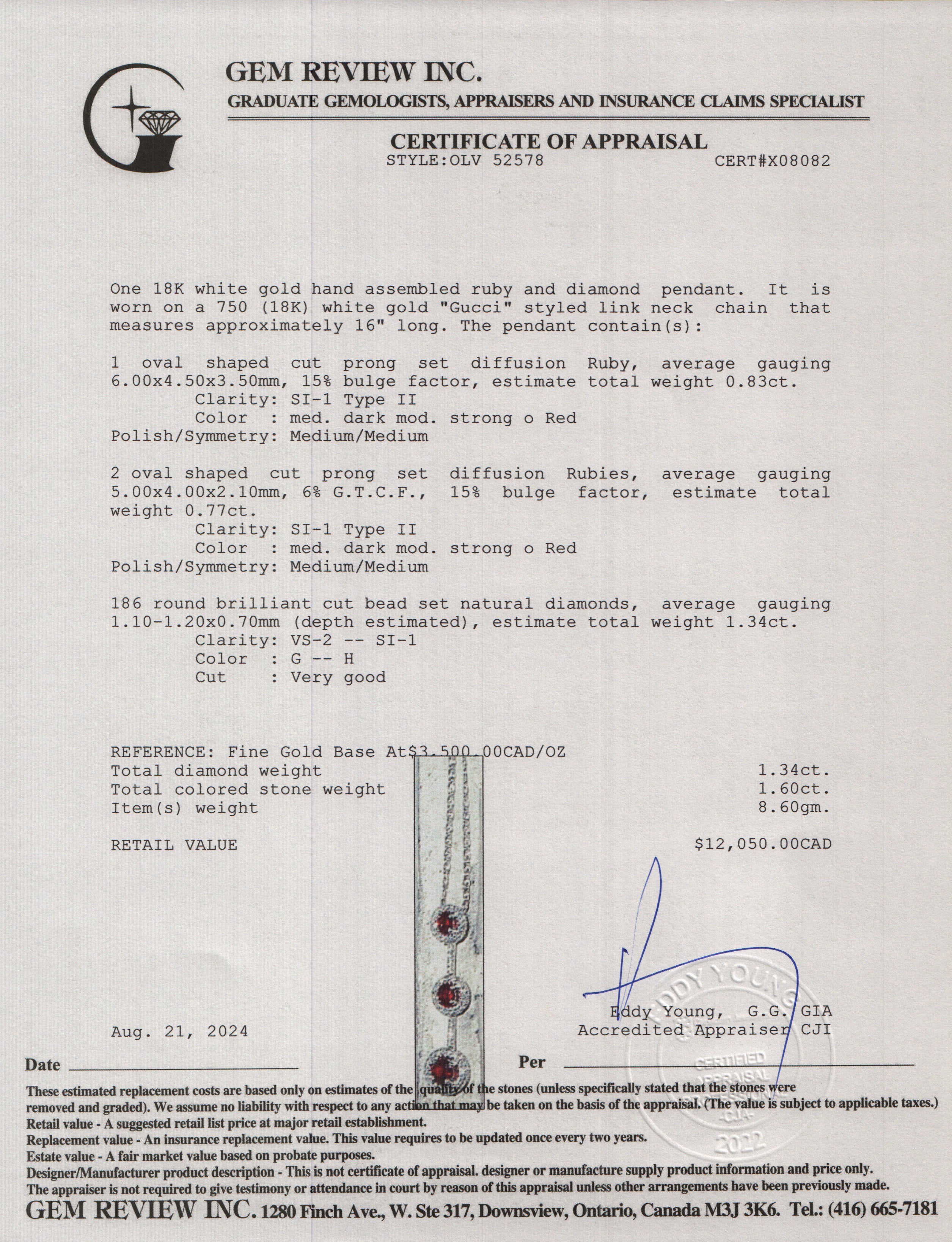 18k White Gold Ruby & Diamond Drop Pendant Necklace