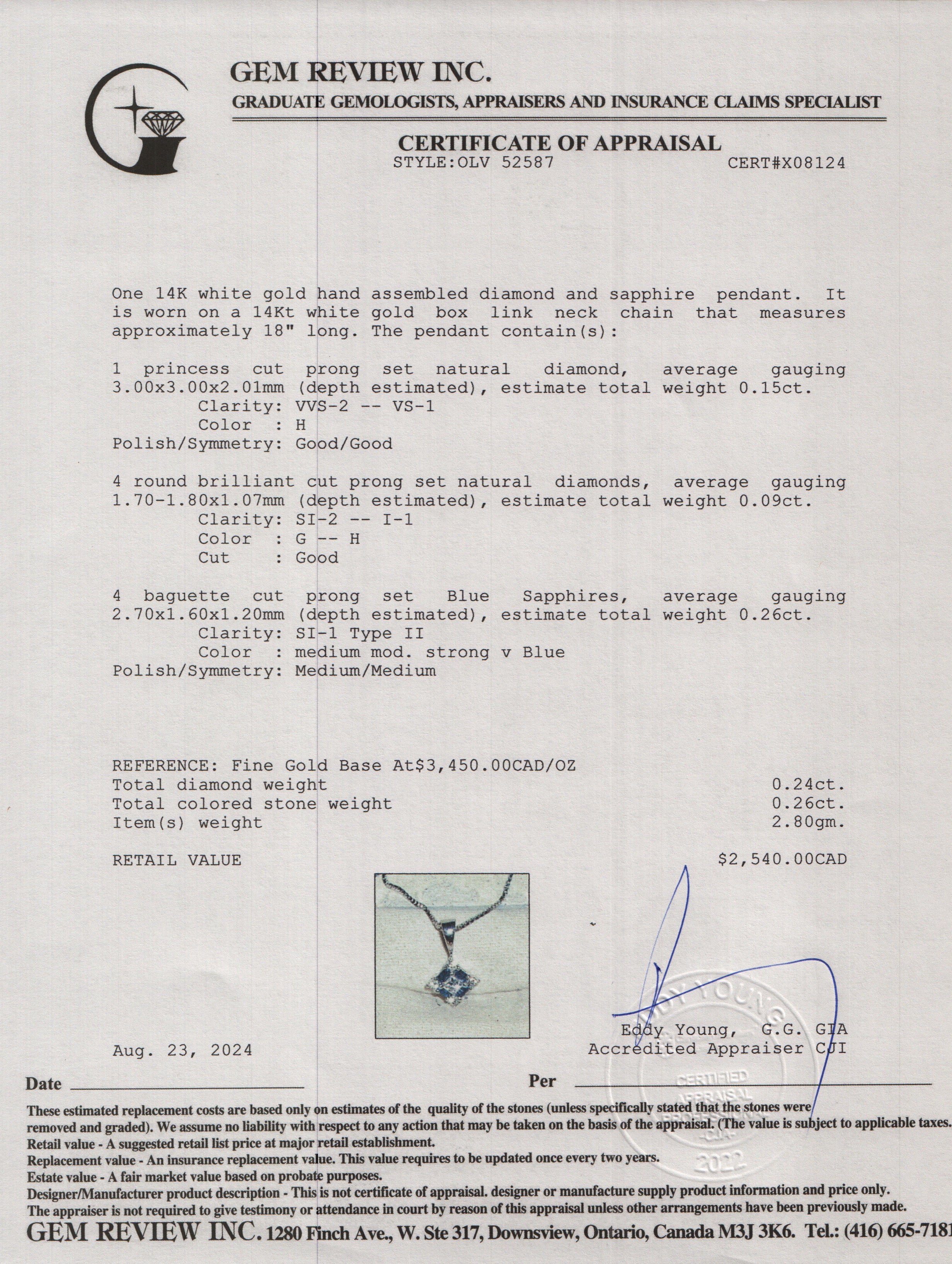 14k White Gold Blue Sapphire and Diamond Pendant Necklace