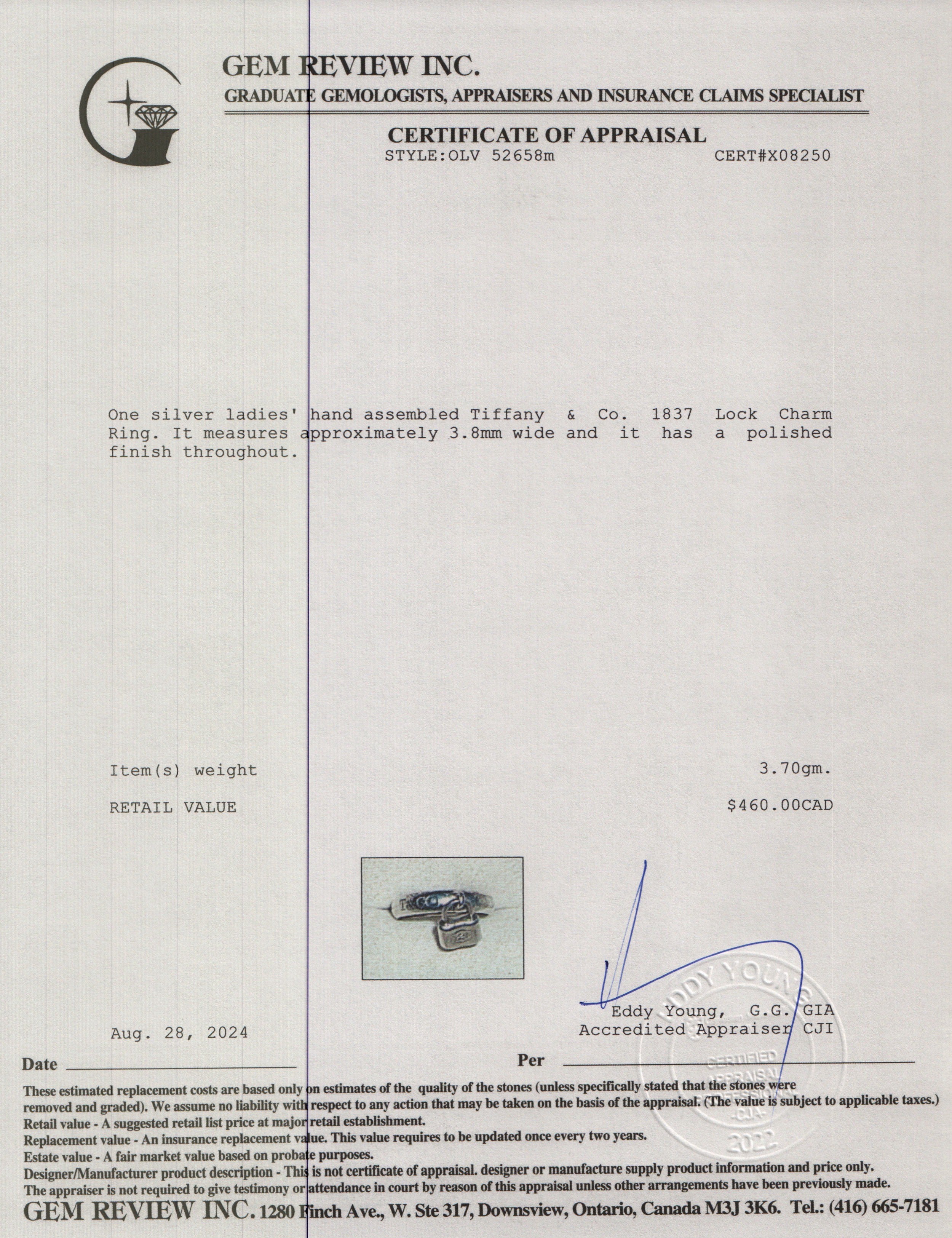 Tiffany & Co. Sterling Silver 1837 Lock Charm Ring, Size 5