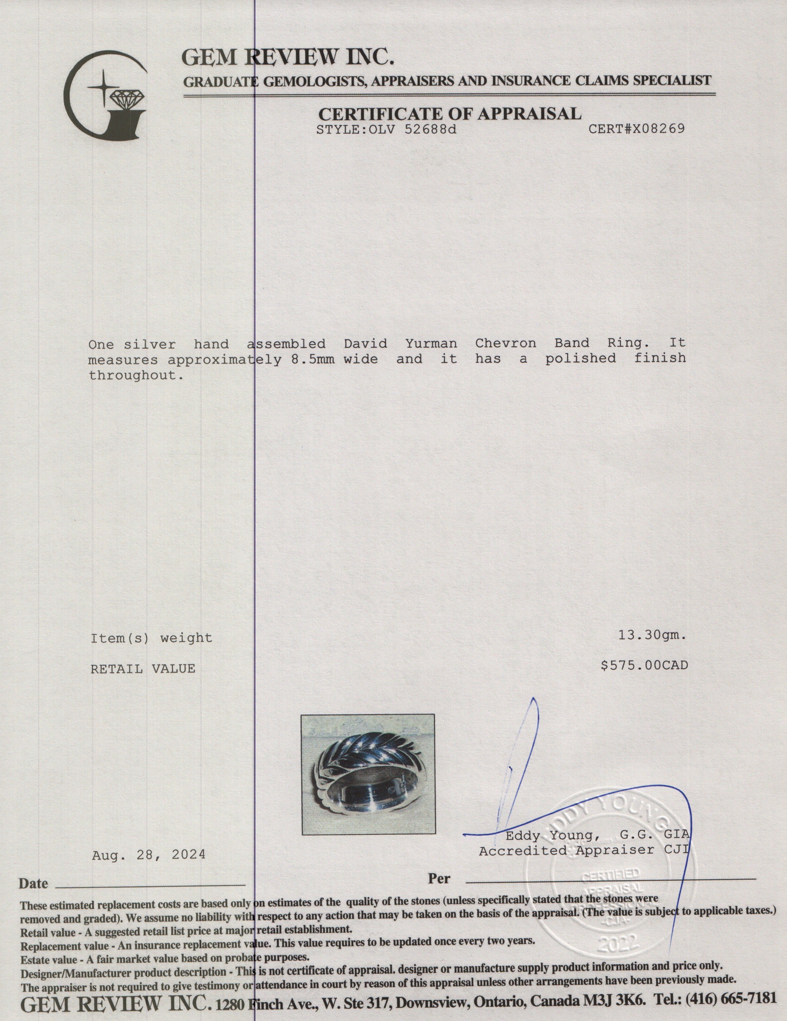 David Yurman Sterling Silver Chevron 8.5MM Band Ring, Size 10