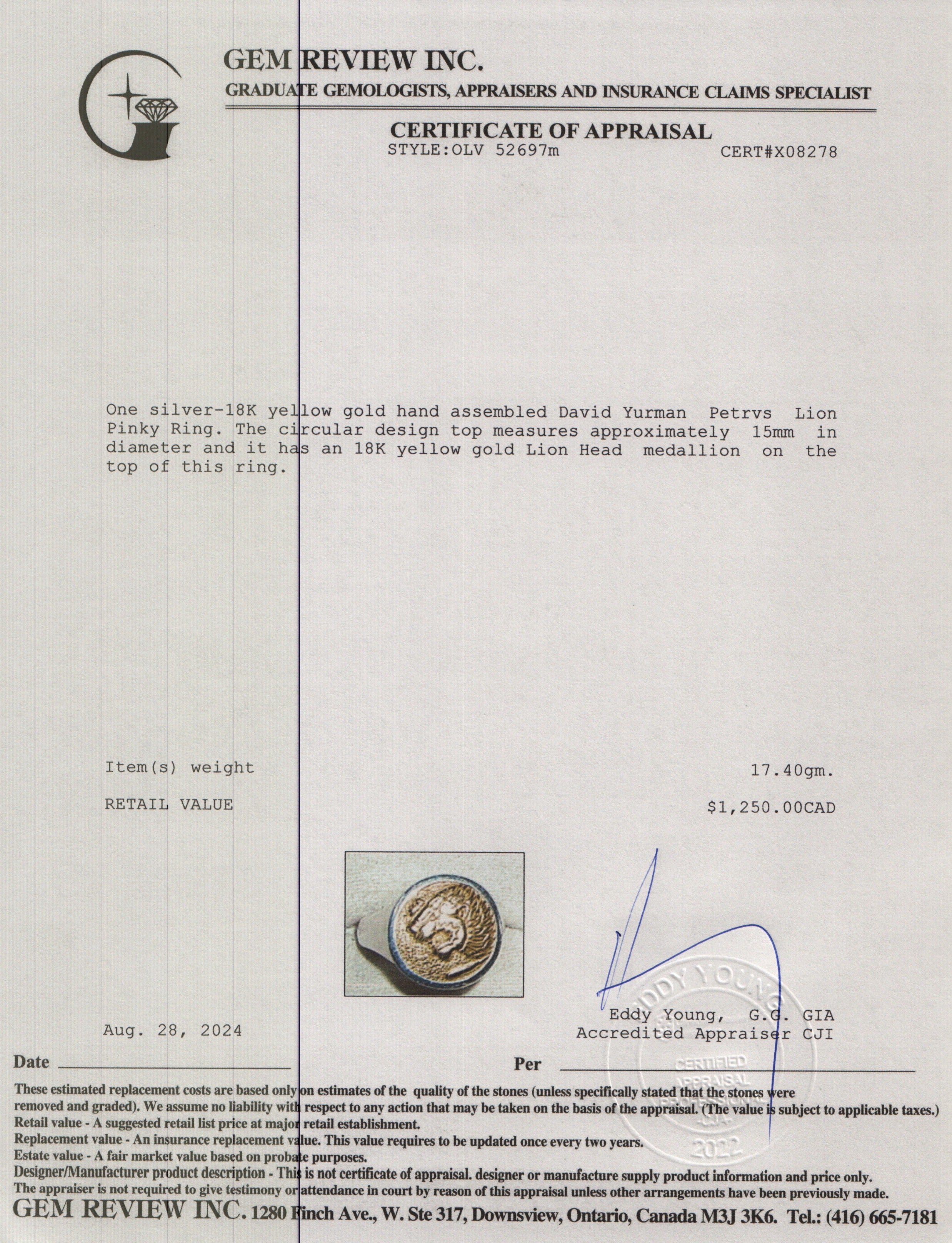 David Yurman Sterling Silver & 18k Yellow Gold Petrvs Lion Pinky Ring, Size 9