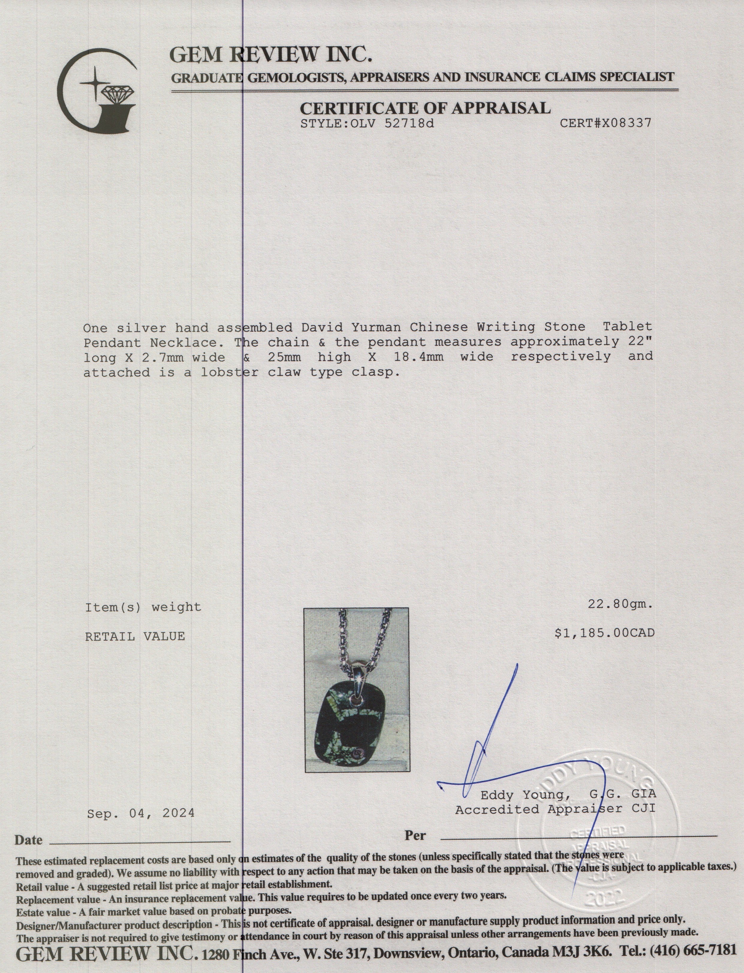 David Yurman Sterling Silver Chinese Writing Stone Tablet Pendant Necklace