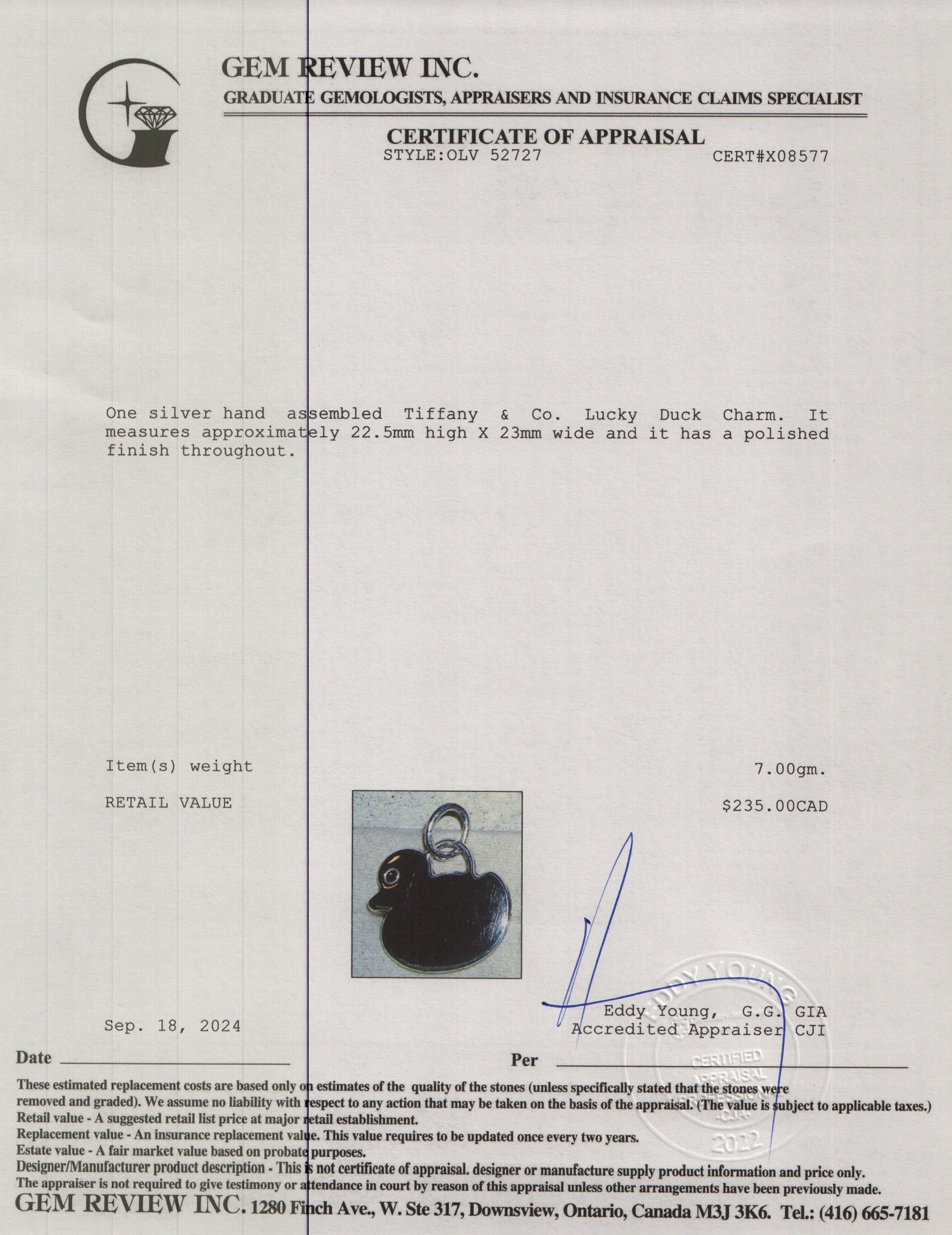 Tiffany & Co. Sterling Silver Lucky Duck Charm