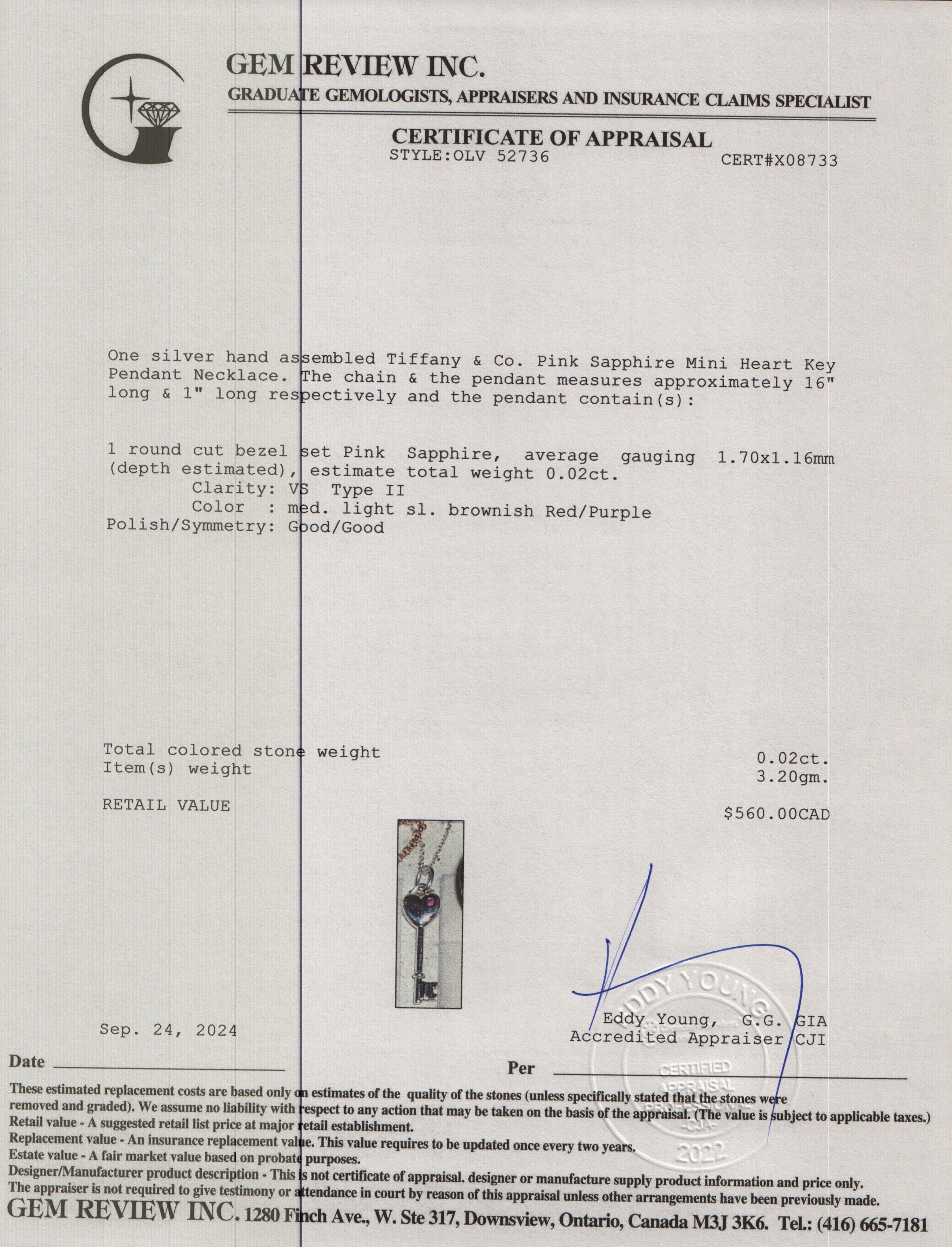 Tiffany & Co. Sterling Silver Pink Sapphire Mini Heart Key Pendant Necklace