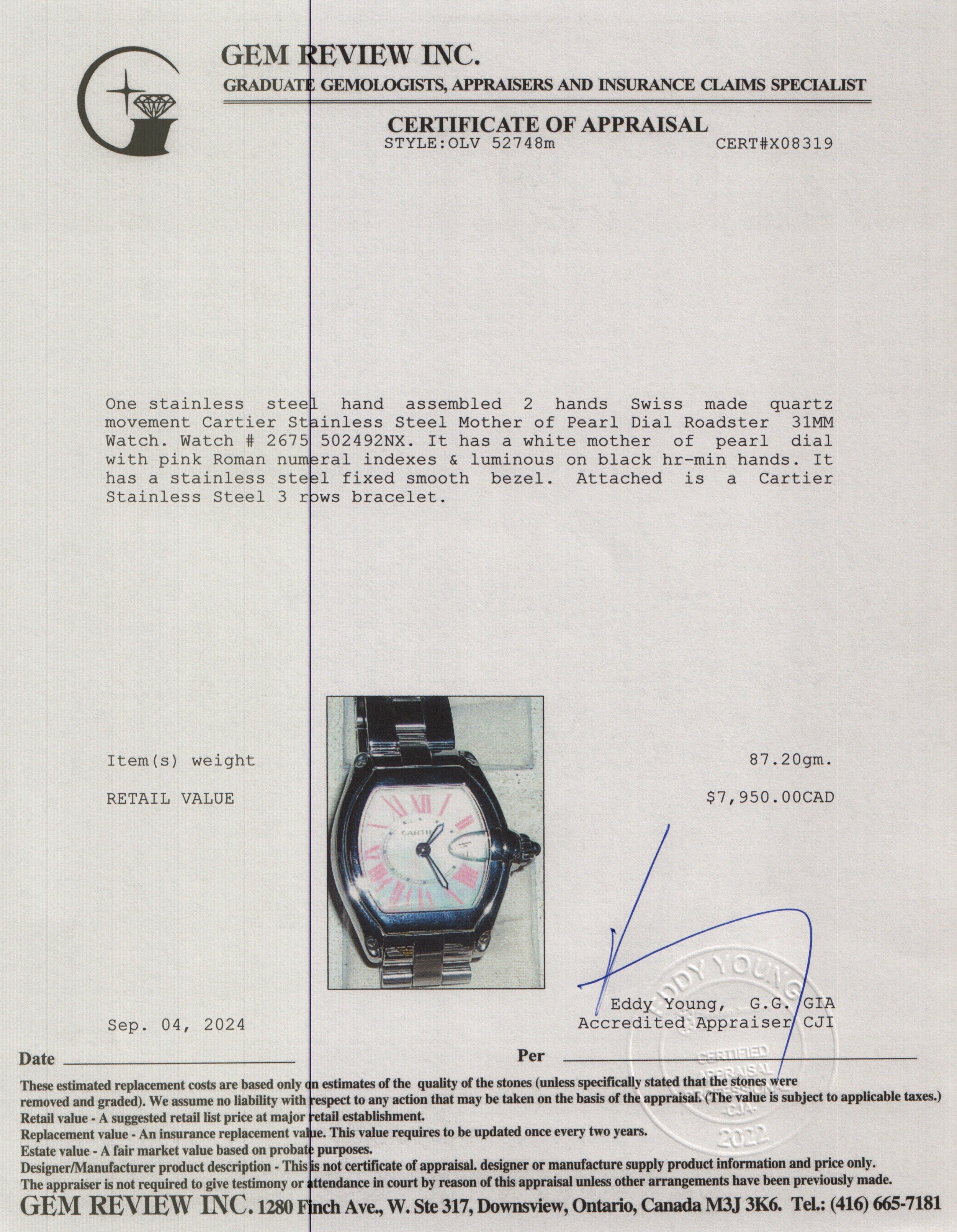 Cartier Stainless Steel Mother of Pearl Dial Roadster 31MM Watch 2675