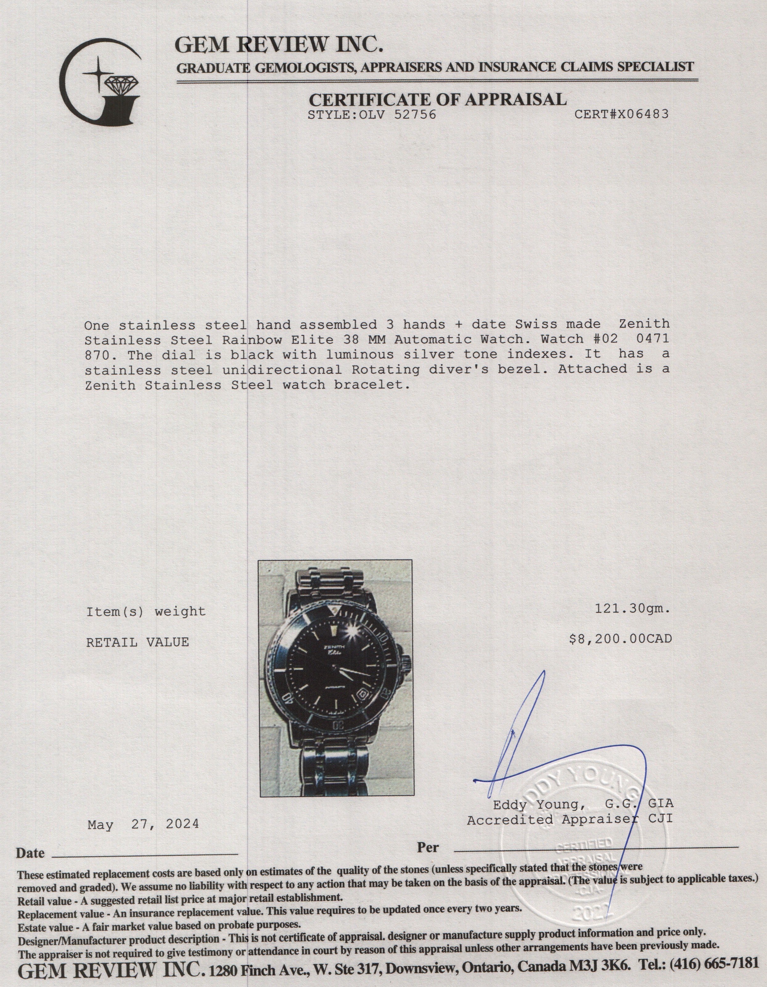 Zenith Stainless Steel Rainbow Elite 38 MM Automatic Watch w/ Box