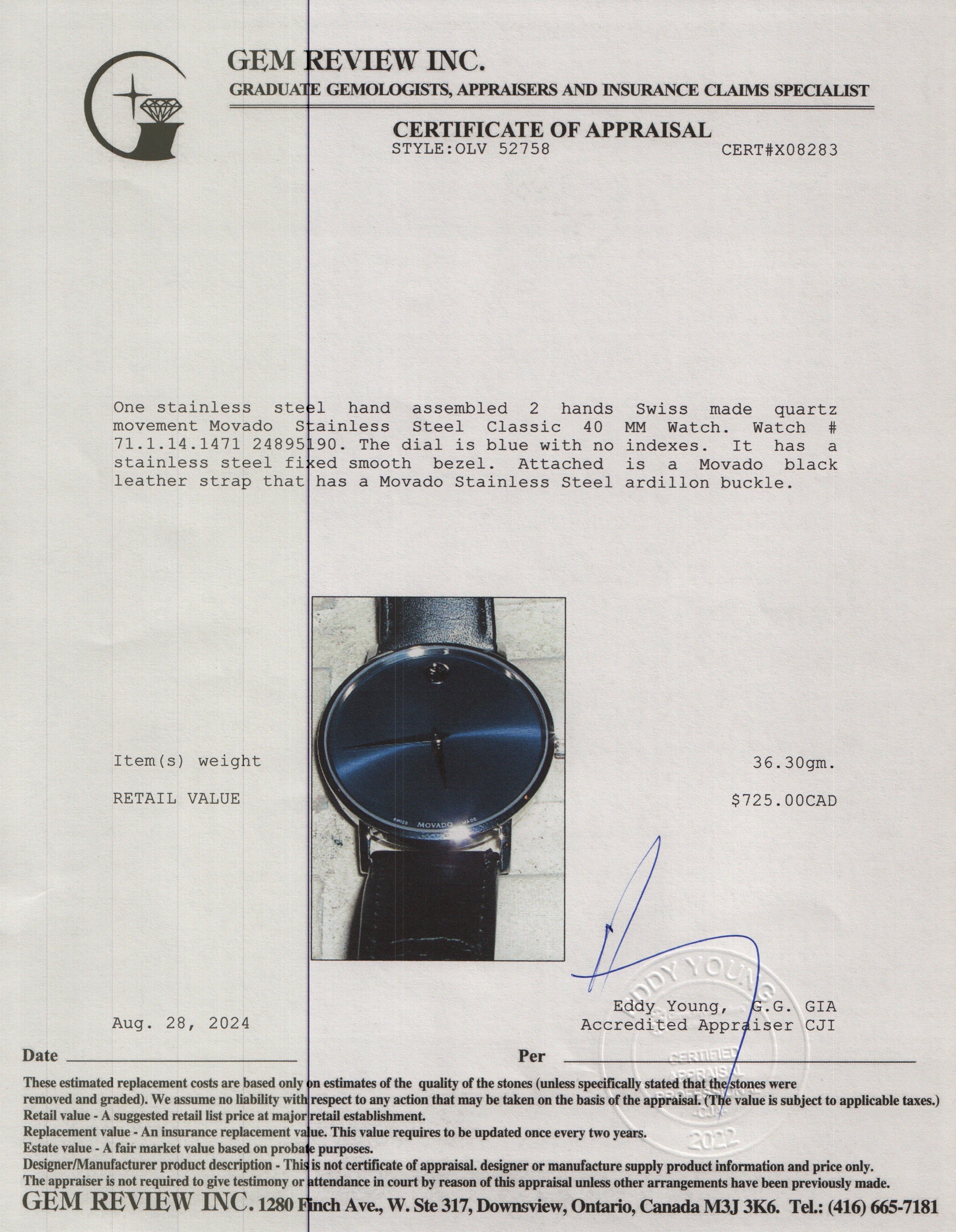 Movado Stainless Steel Classic 40 MM Watch