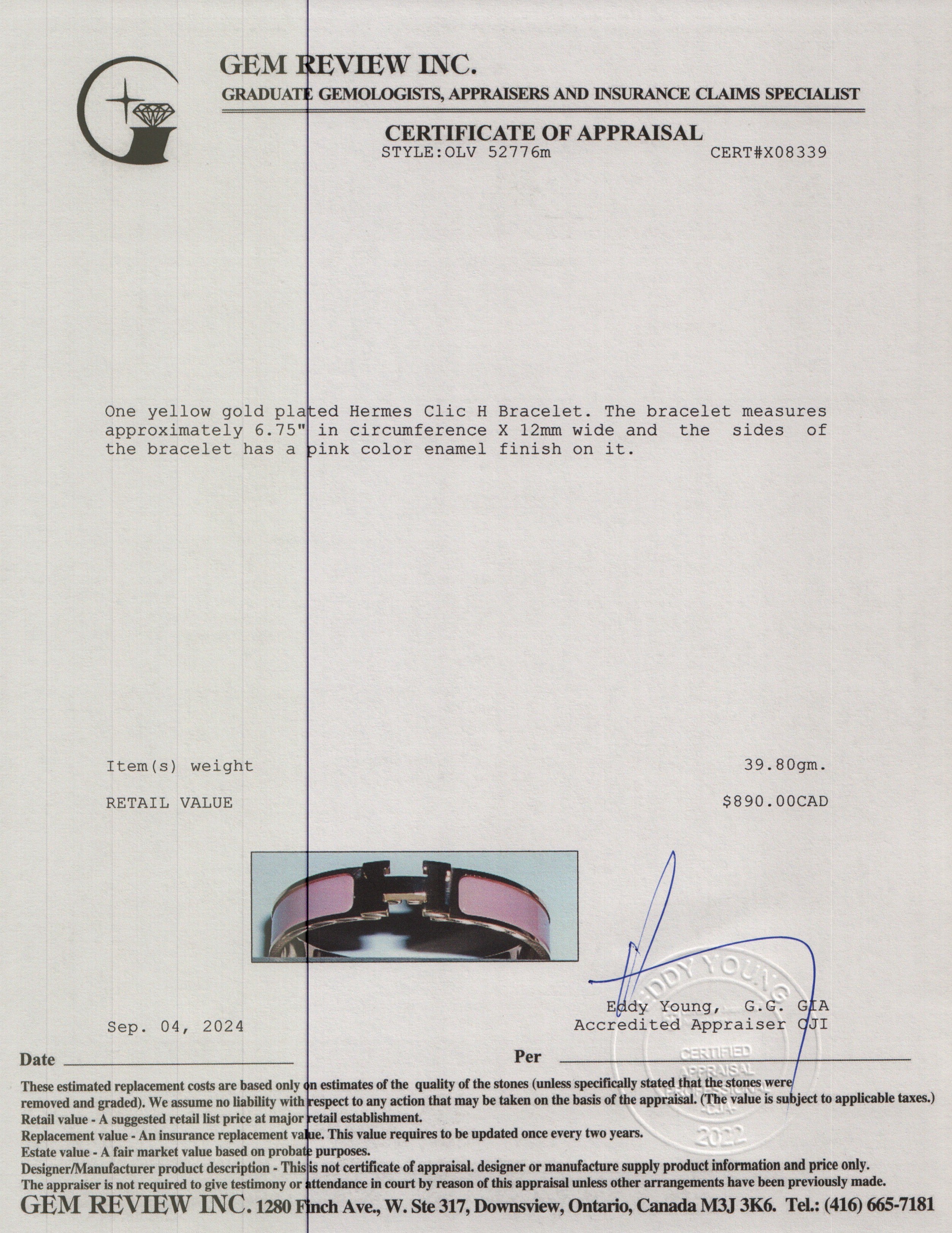 Hermes Gold Plated Pink Enamel 12 MM Clic H Bracelet