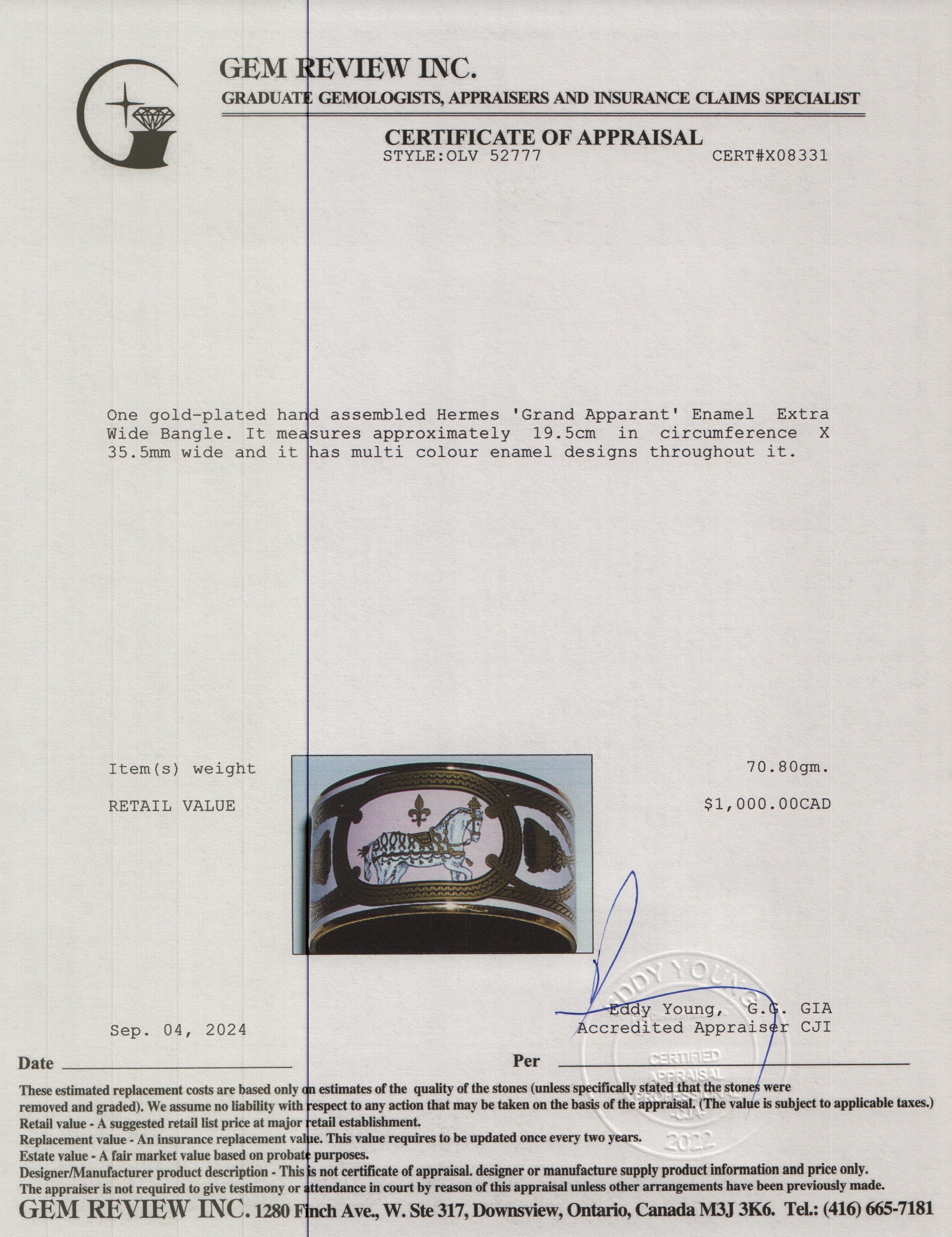 Hermes Gold-Plated 'Grand Apparant' Enamel Extra Wide Bangle