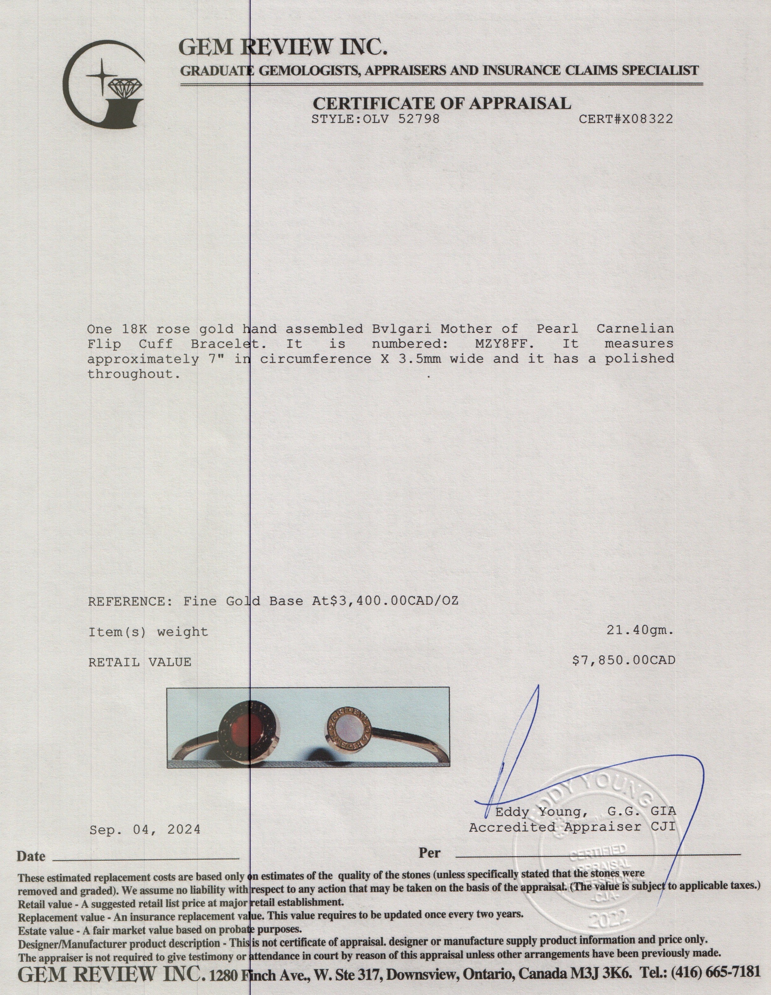 BVLGARI Bvlgari 18k Rose Gold Mother of Pearl Carnelian Flip Cuff Bracelet