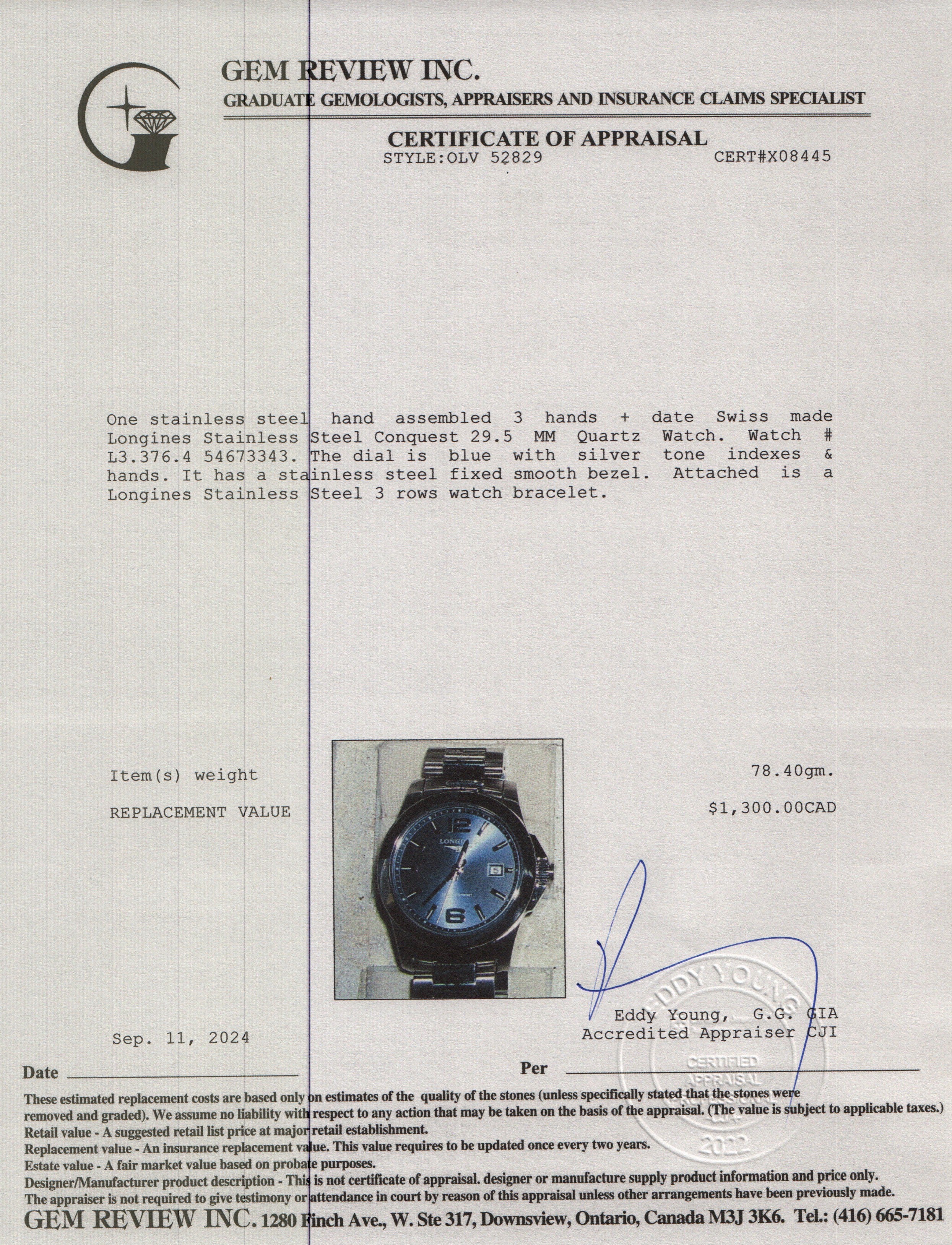 Longines Stainless Steel Conquest 29.5 MM Quartz Watch w/ Box & Papers