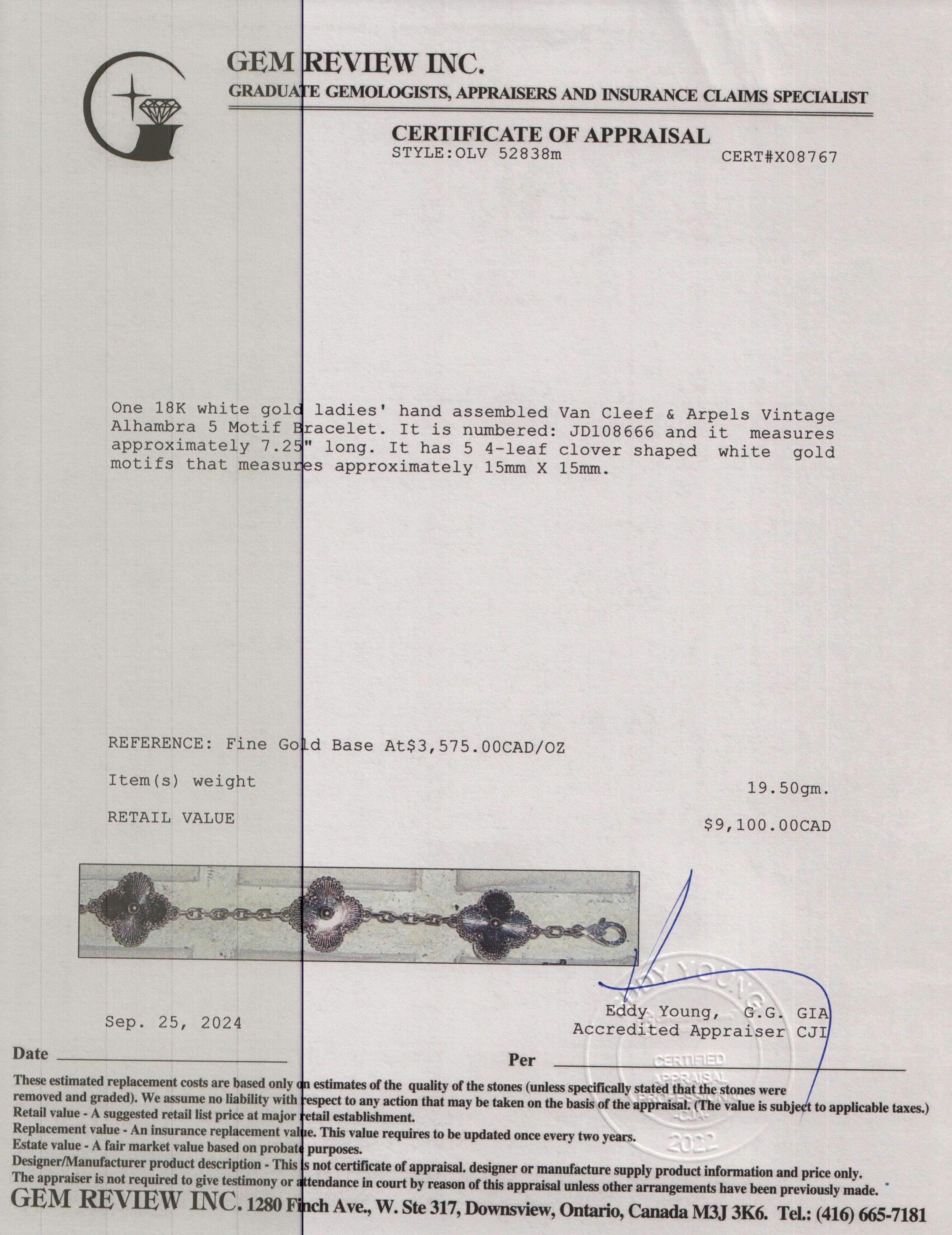 Van Cleef & Arpels 18k White Gold Vintage Alhambra 5 Motif Bracelet w/ Box