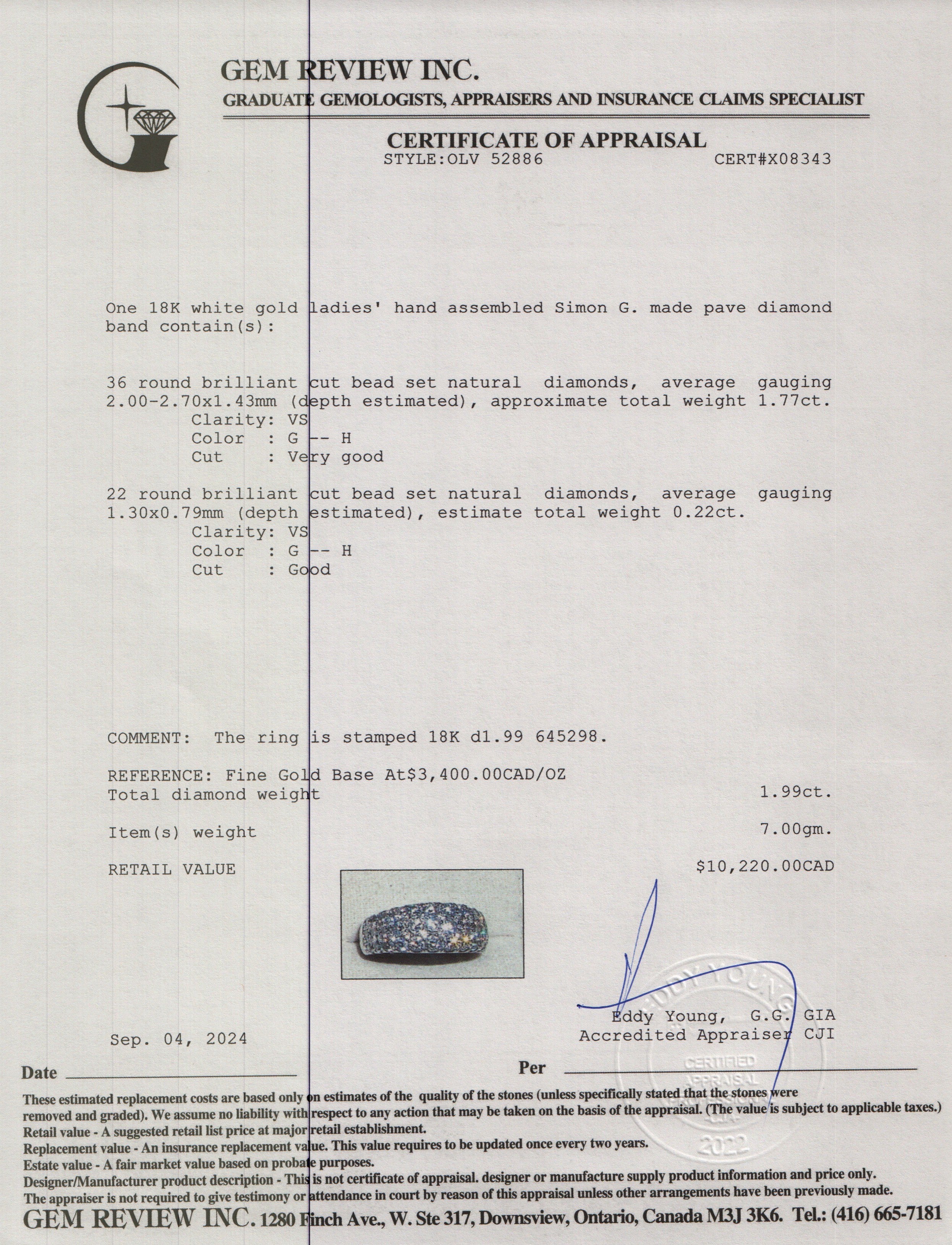 Simon G 18k White Gold 1.99 tcw. Pave Diamond Band Ring, Size 5.5 w/ Authenticity Card