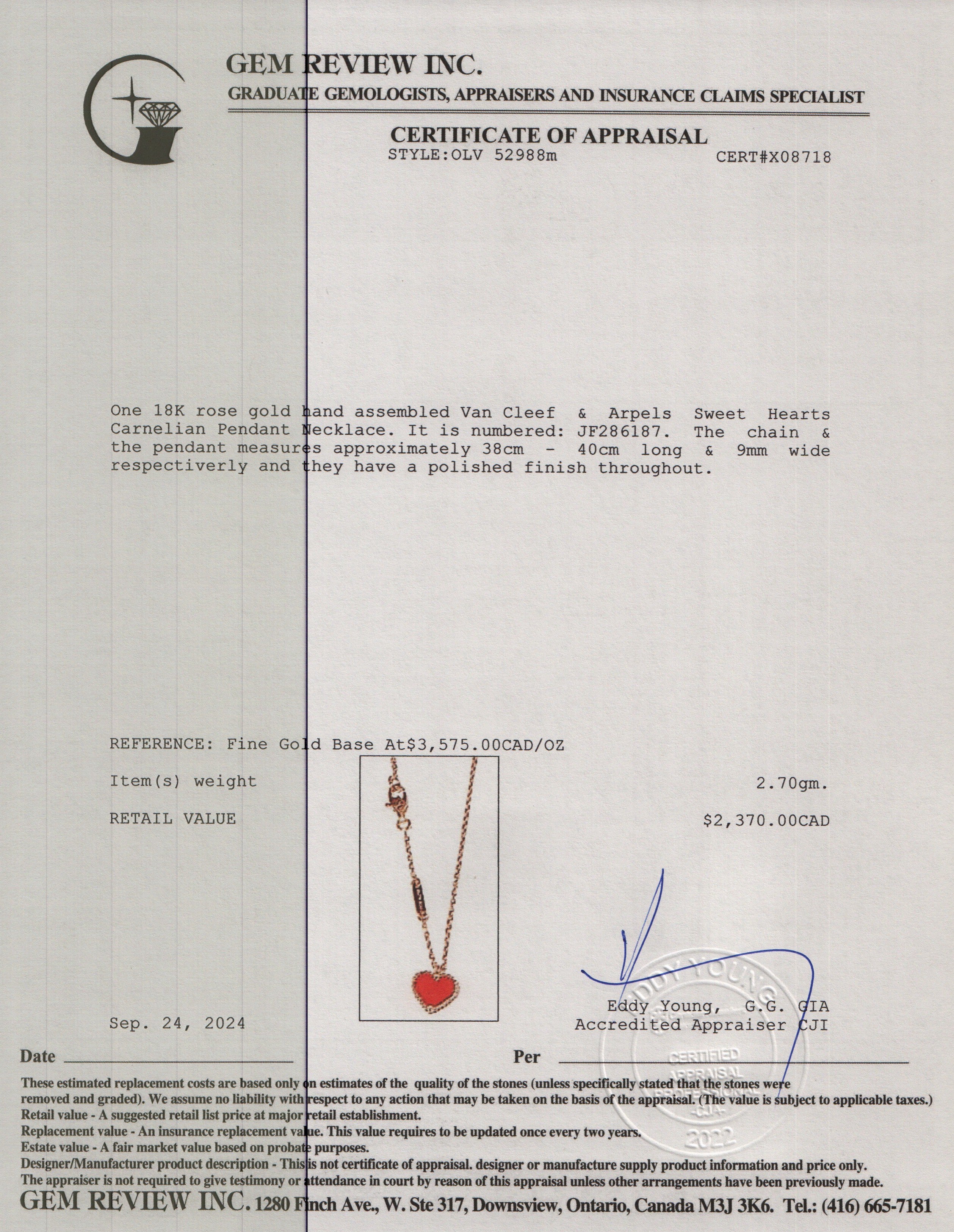 Van Cleef & Arpels 2023 18k Rose Gold Sweet Hearts Carnelian Pendant Necklace w/ Certificate