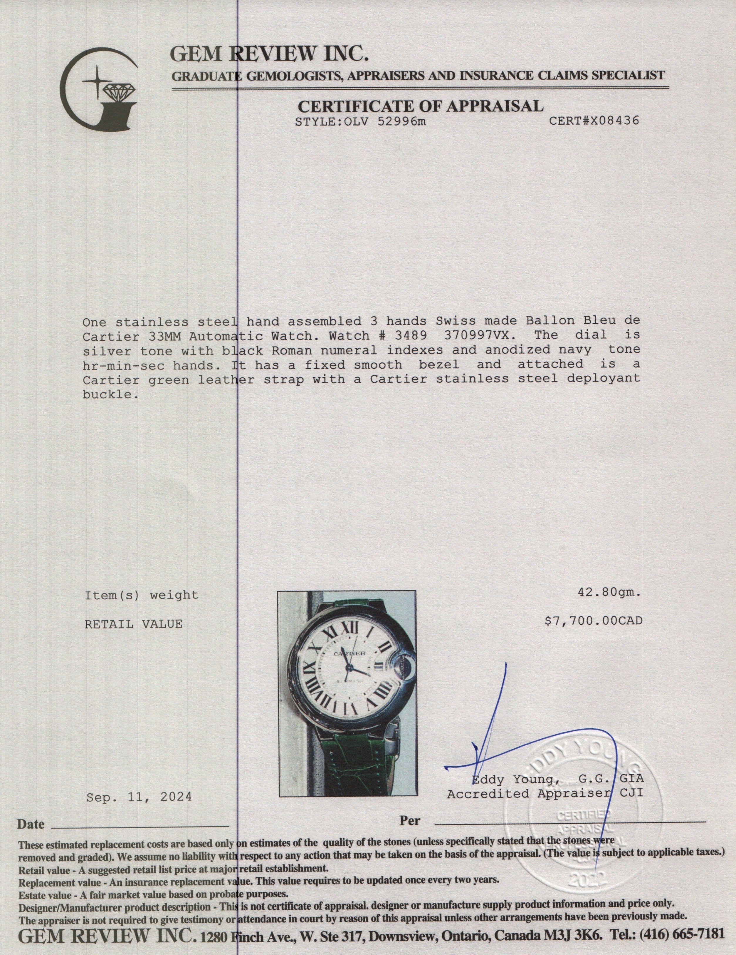 Cartier Stainless Steel Ballon Bleu de Cartier 33MM Automatic Watch 3489 w/ Extra Strap