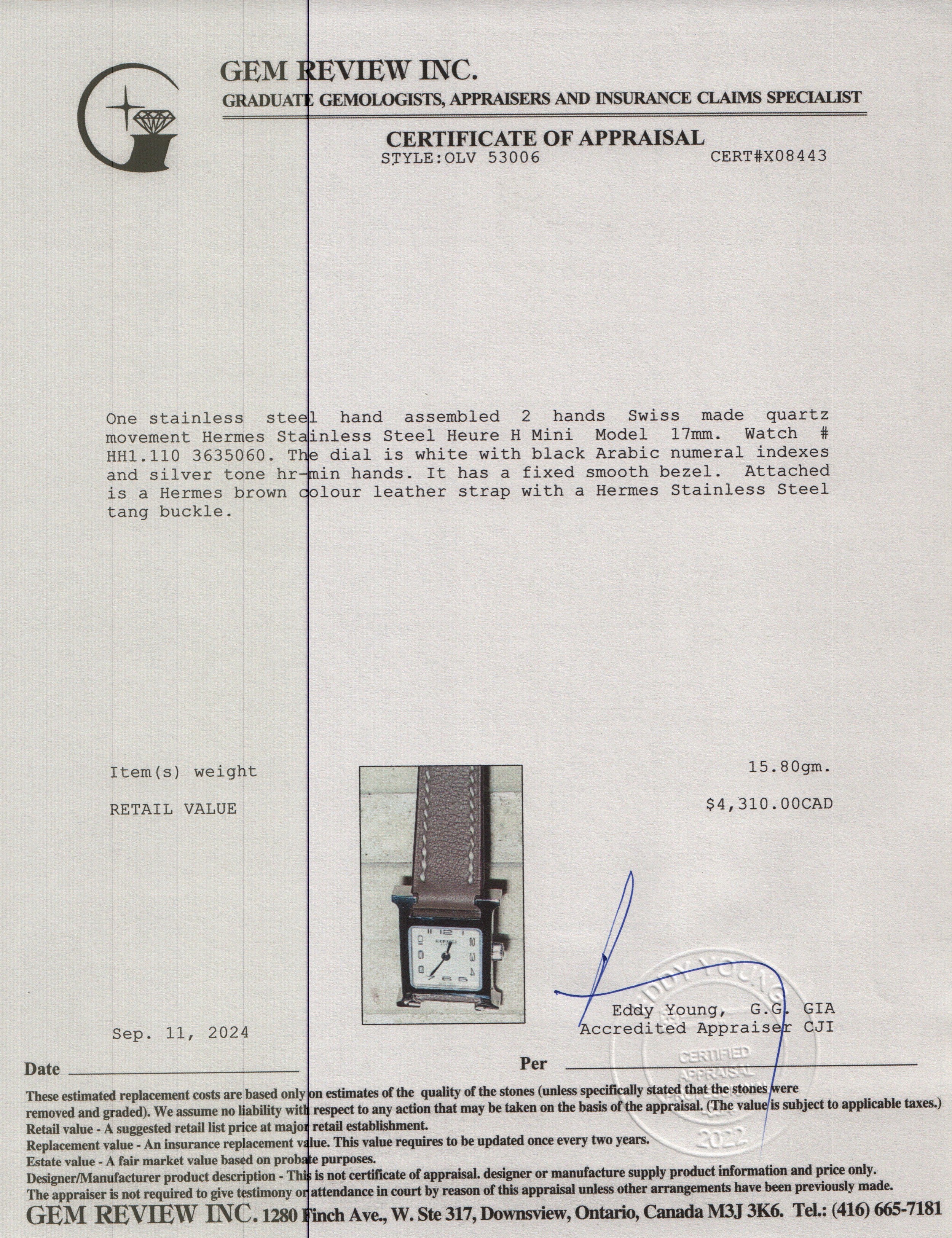 Hermes Stainless Steel Heure H Mini Model 17 MM Watch w/ Box & Paper