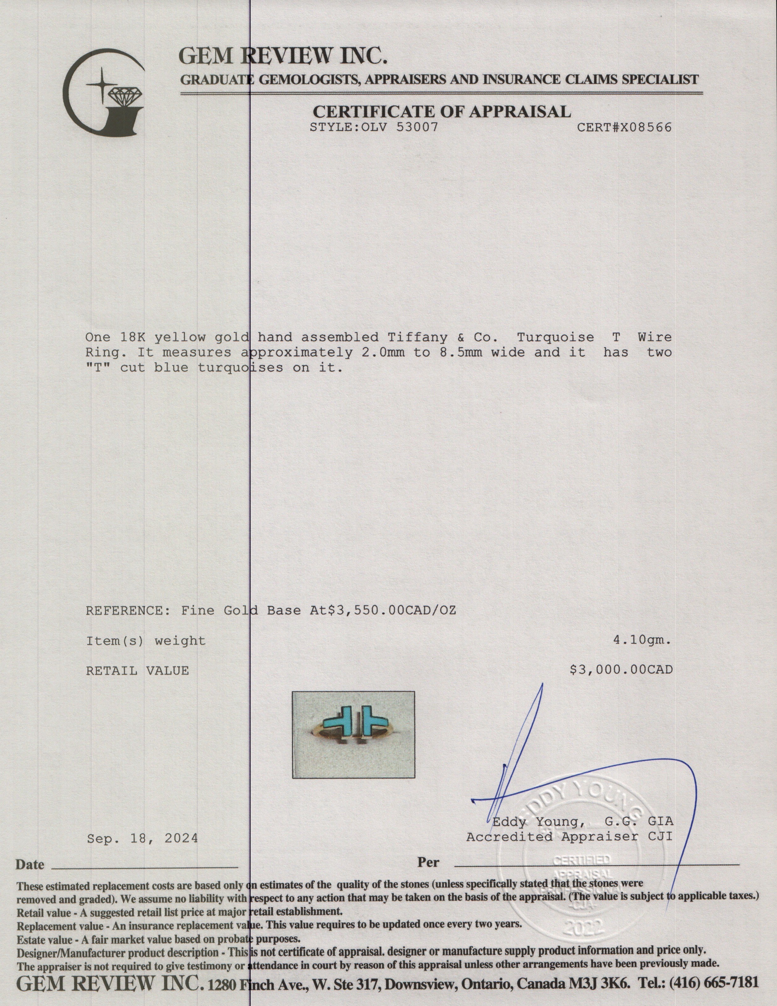 Tiffany & Co. 18k Yellow Gold Turquoise T Wire Ring, Size 7 w/ Box