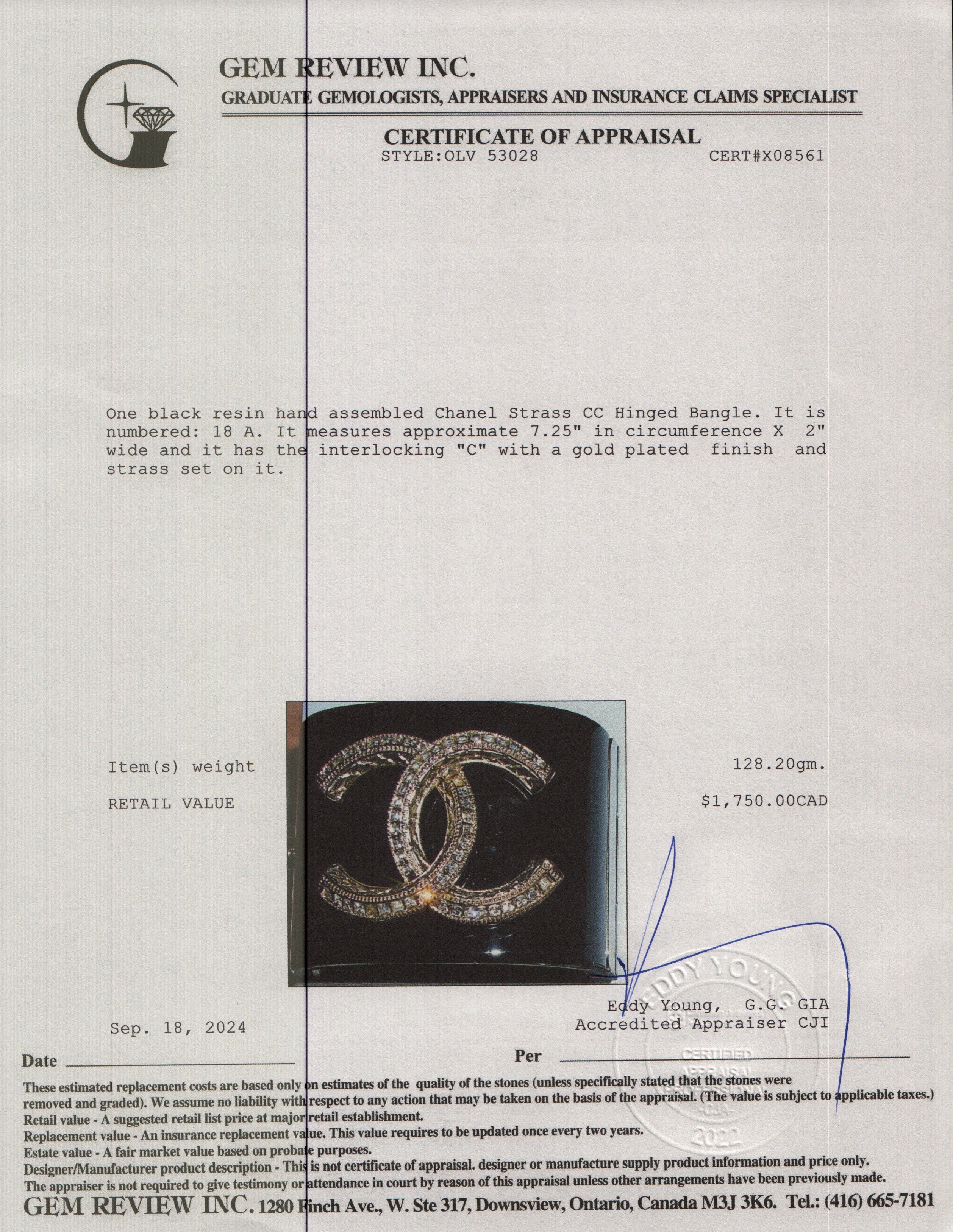 Chanel Gold Plated Black Resin Strass CC Hinged Bangle