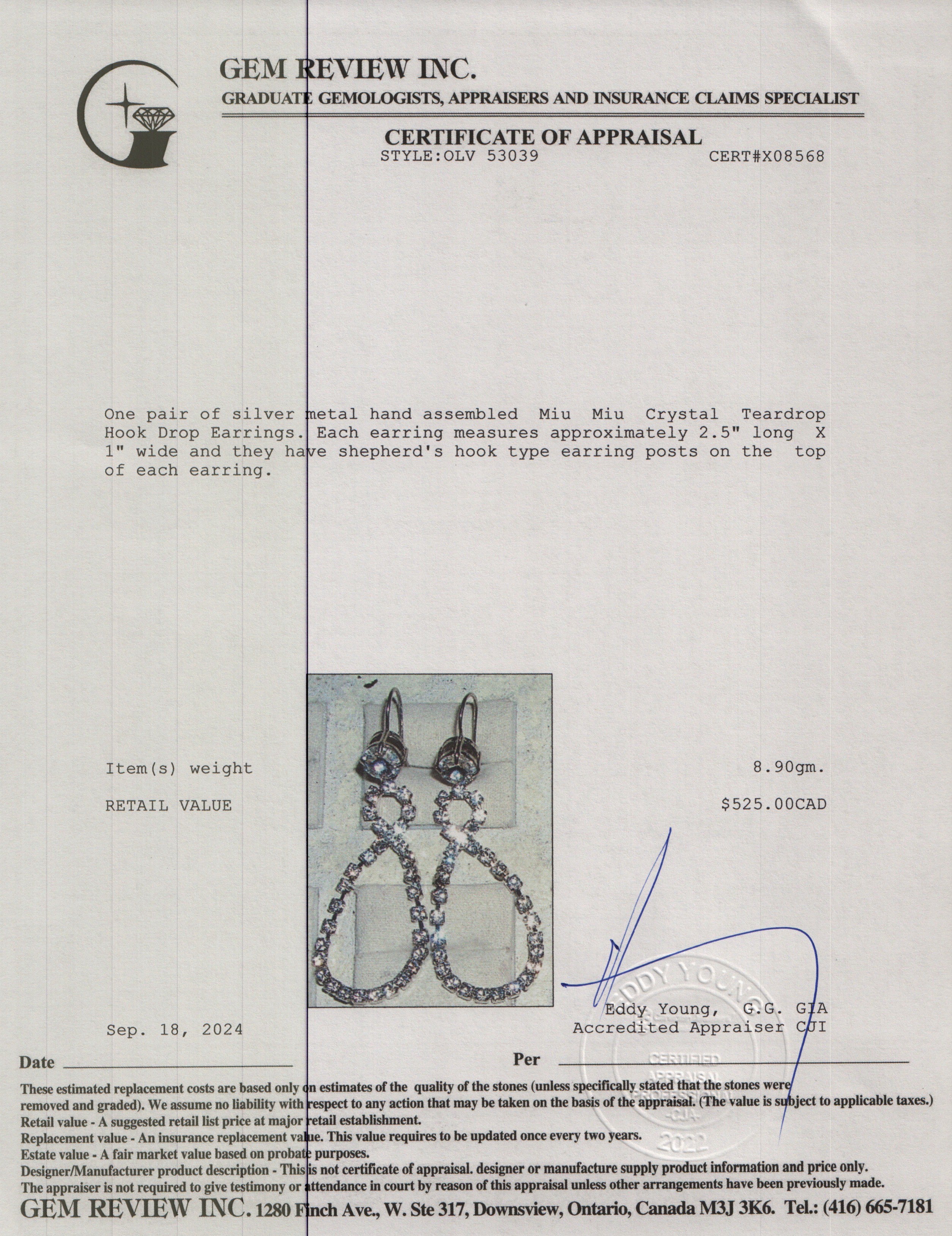 Miu Miu Silver-Tone Metal Crystal Teardrop Hook Drop Earrings w/ Box