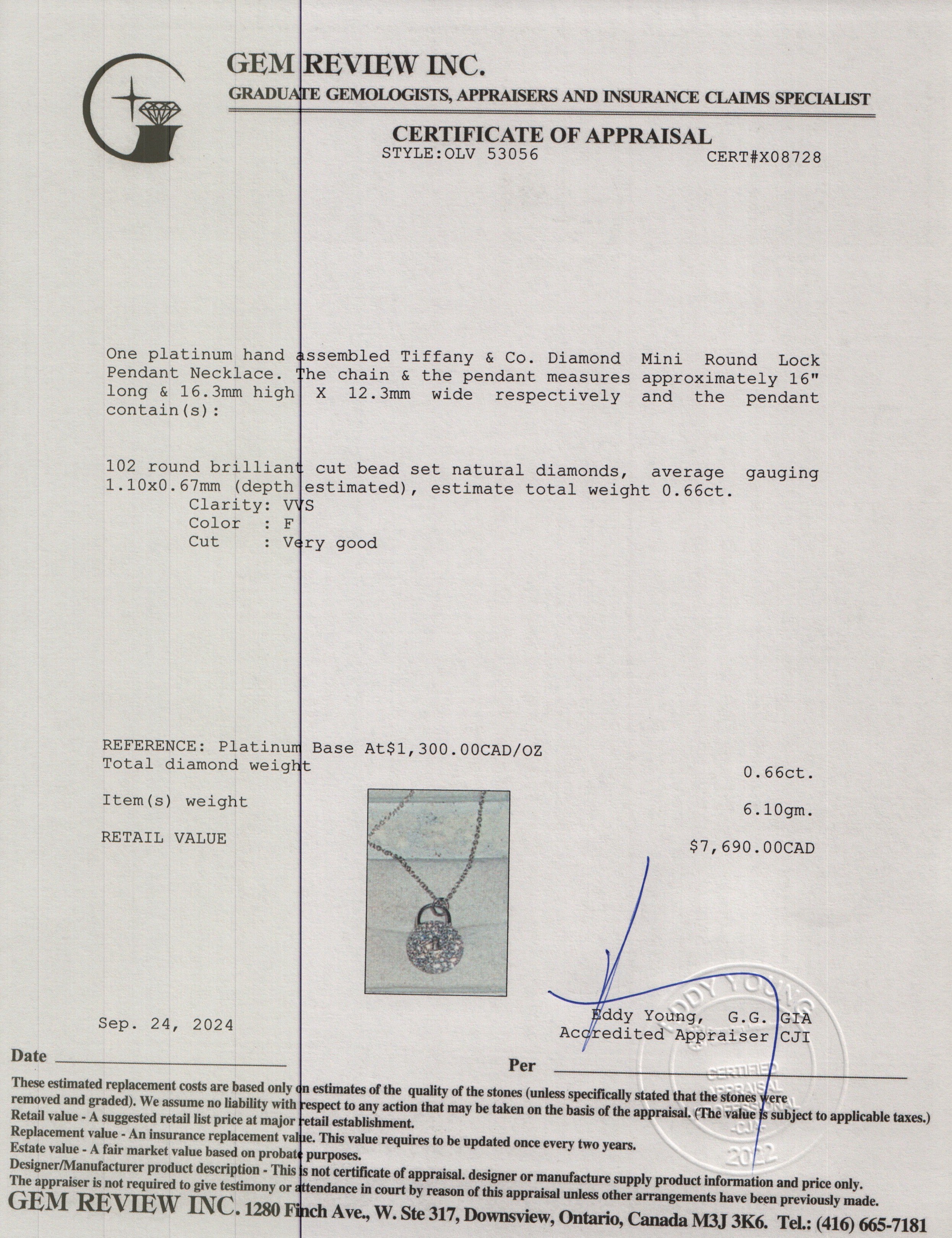 Tiffany & Co. Platinum Diamond Mini Round Lock Pendant Necklace w/ Box