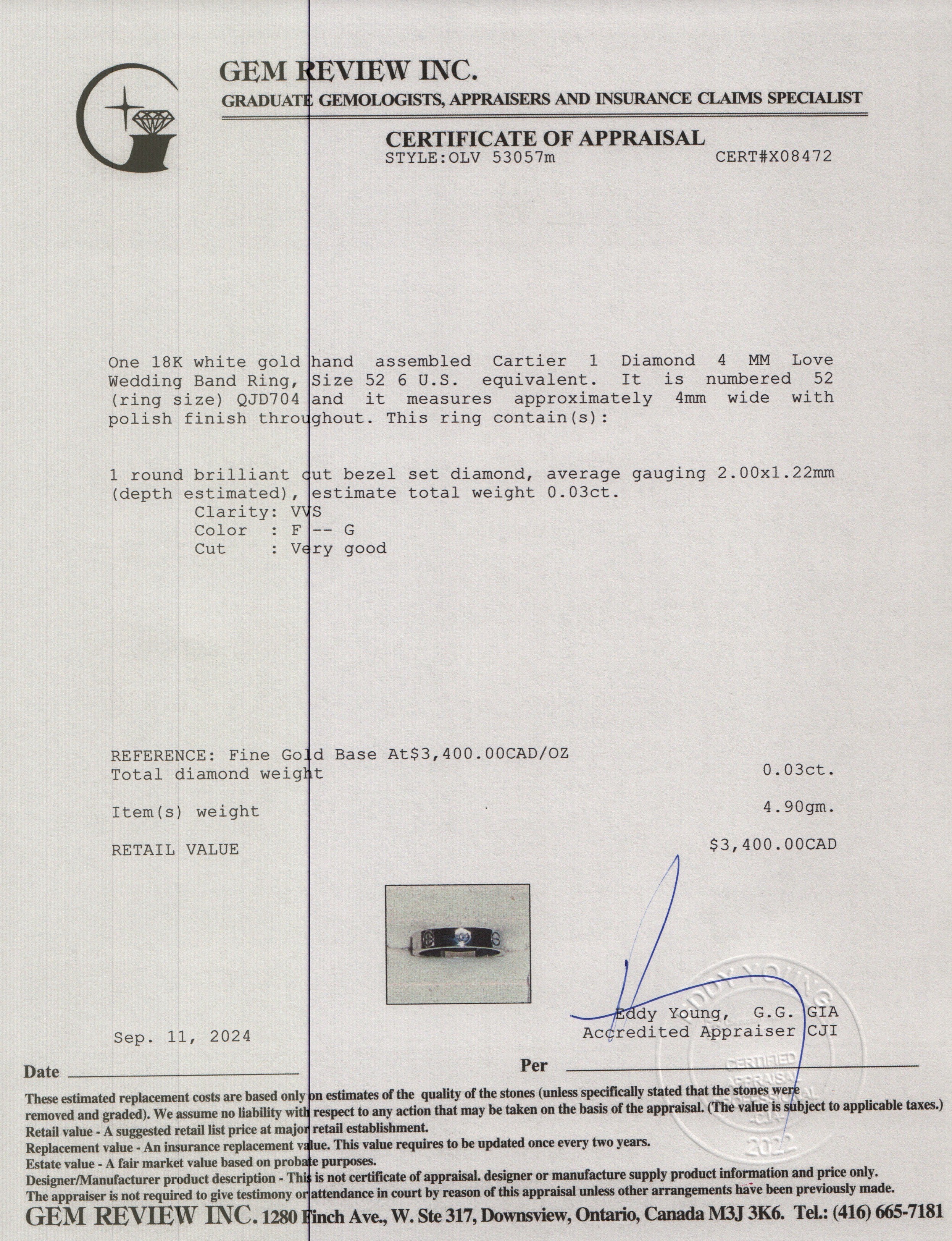 Cartier 18k White Gold 1 Diamond 4 MM Love Wedding Band Ring, Size 52 6 w/ Box, Receipt & Certificate
