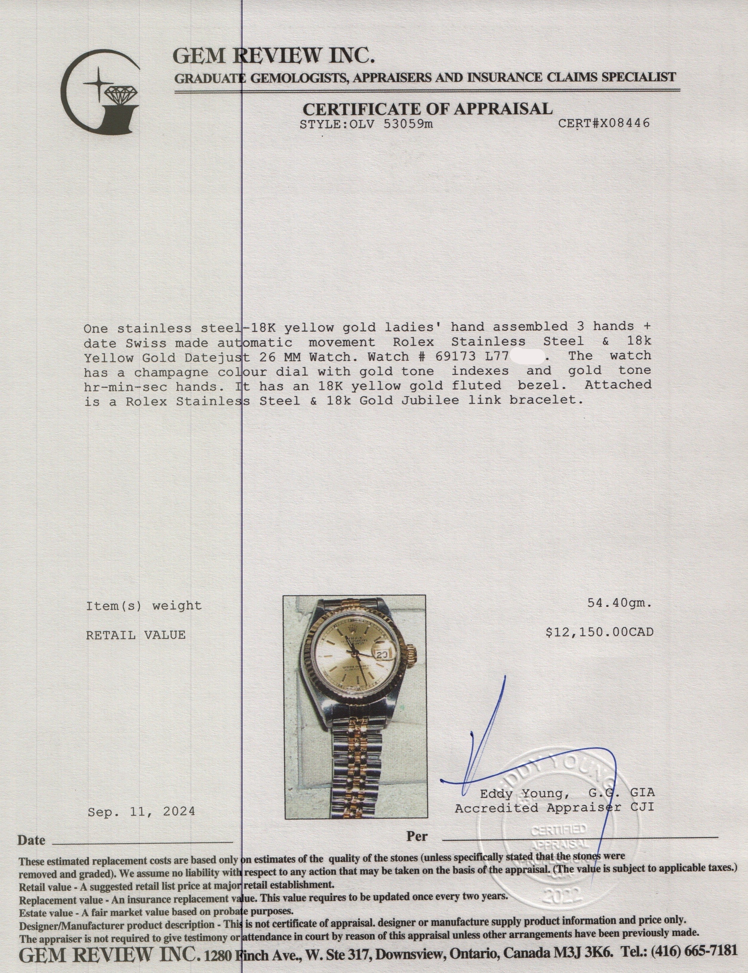 Rolex Stainless Steel & 18k Yellow Gold Datejust 26 MM Watch 69173