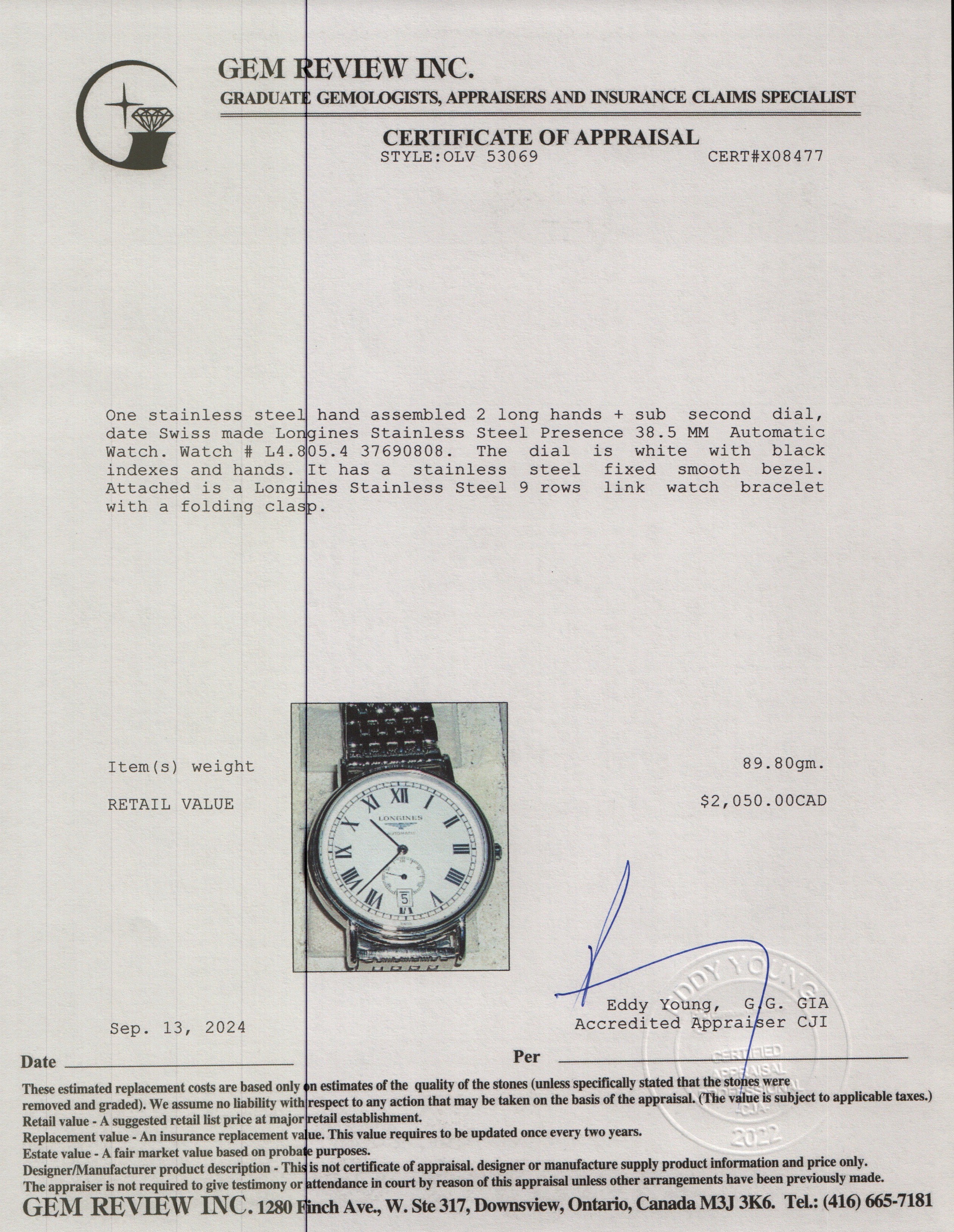 Longines Stainless Steel Presence 38.5 MM Automatic Watch w/ Box & Papers & Extra Strap