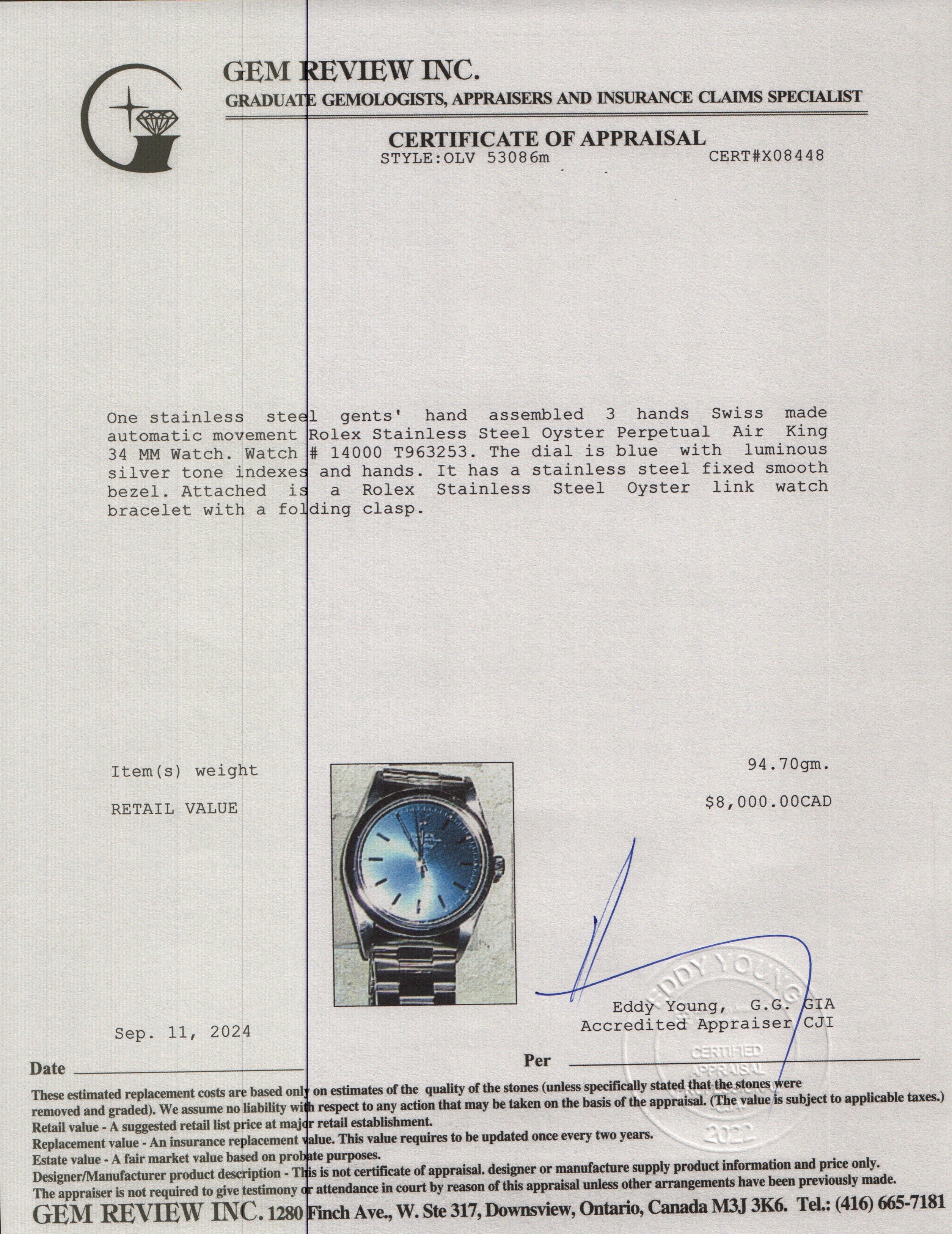 Rolex Stainless Steel Oyster Perpetual Air King 34 MM Watch 14000 w/ Box & Papers