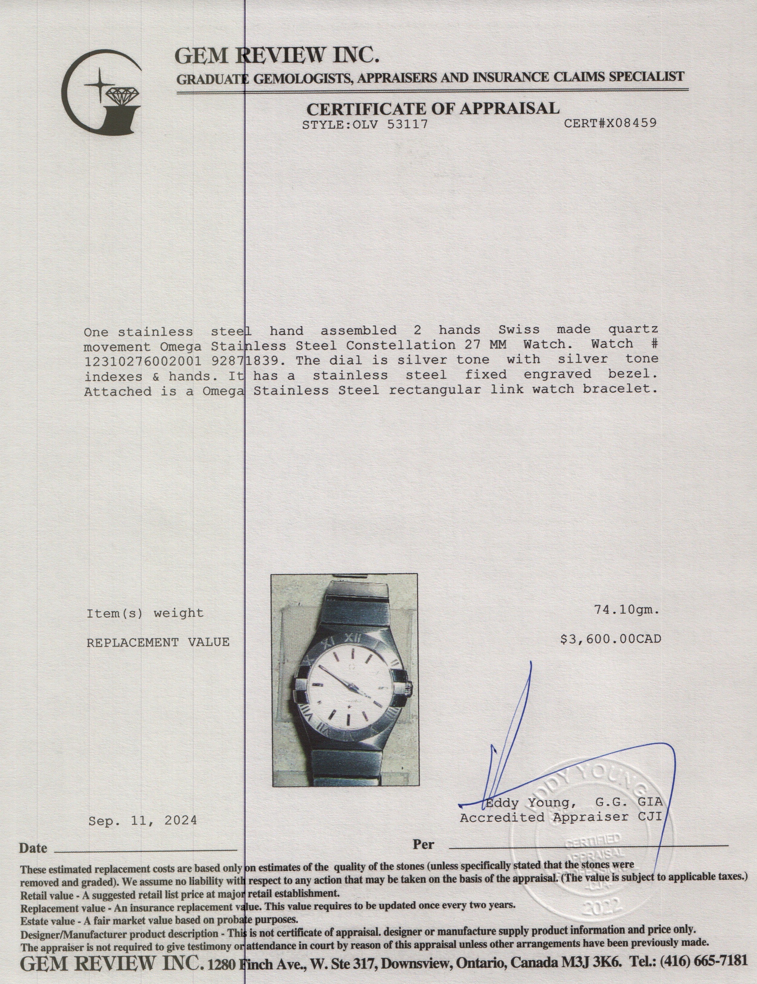 Omega Stainless Steel Constellation 27 MM Watch w/ Box & Papers