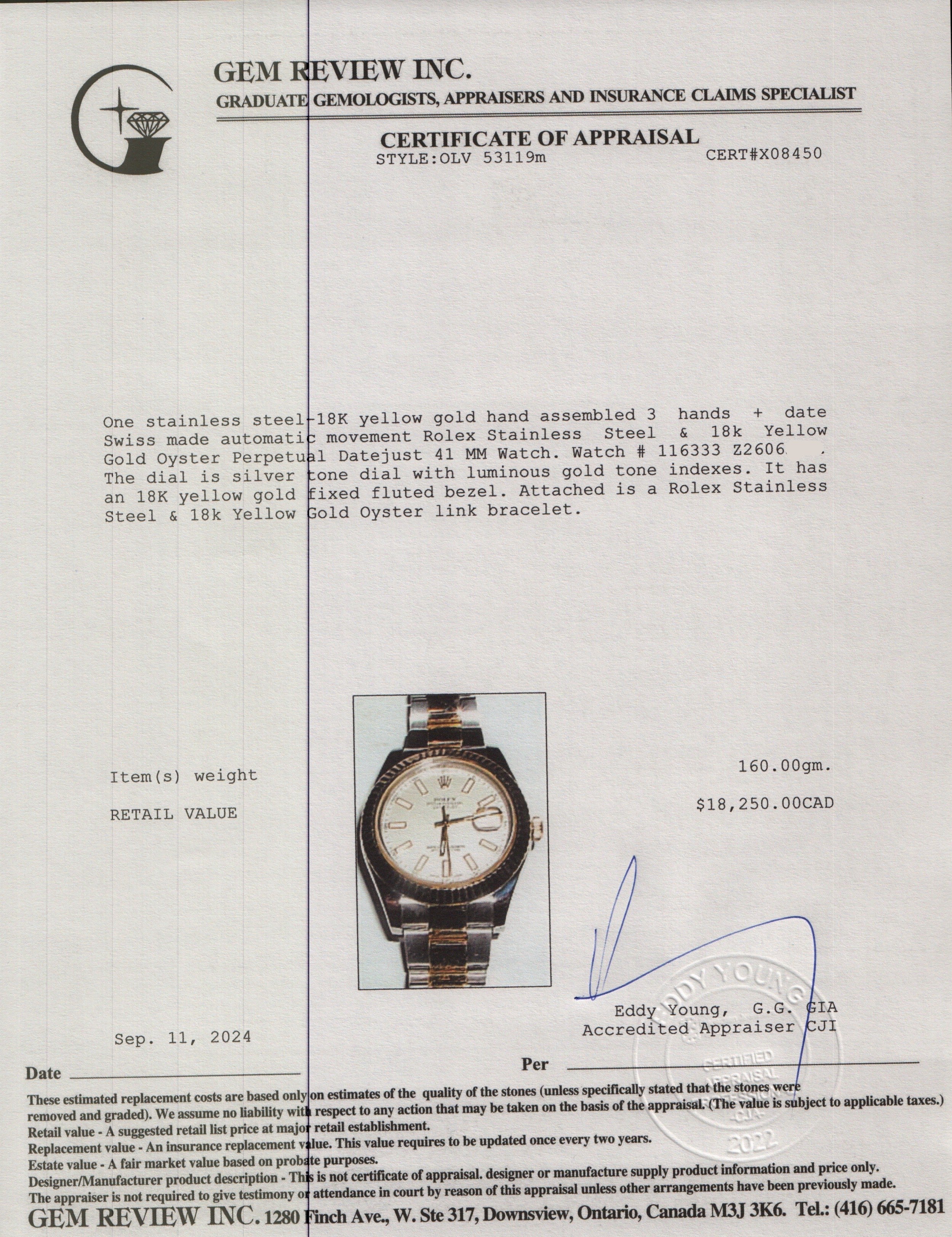 Rolex Stainless Steel & 18k Yellow Gold Oyster Perpetual Datejust 41 MM Watch 116333 w/ Box & Papers