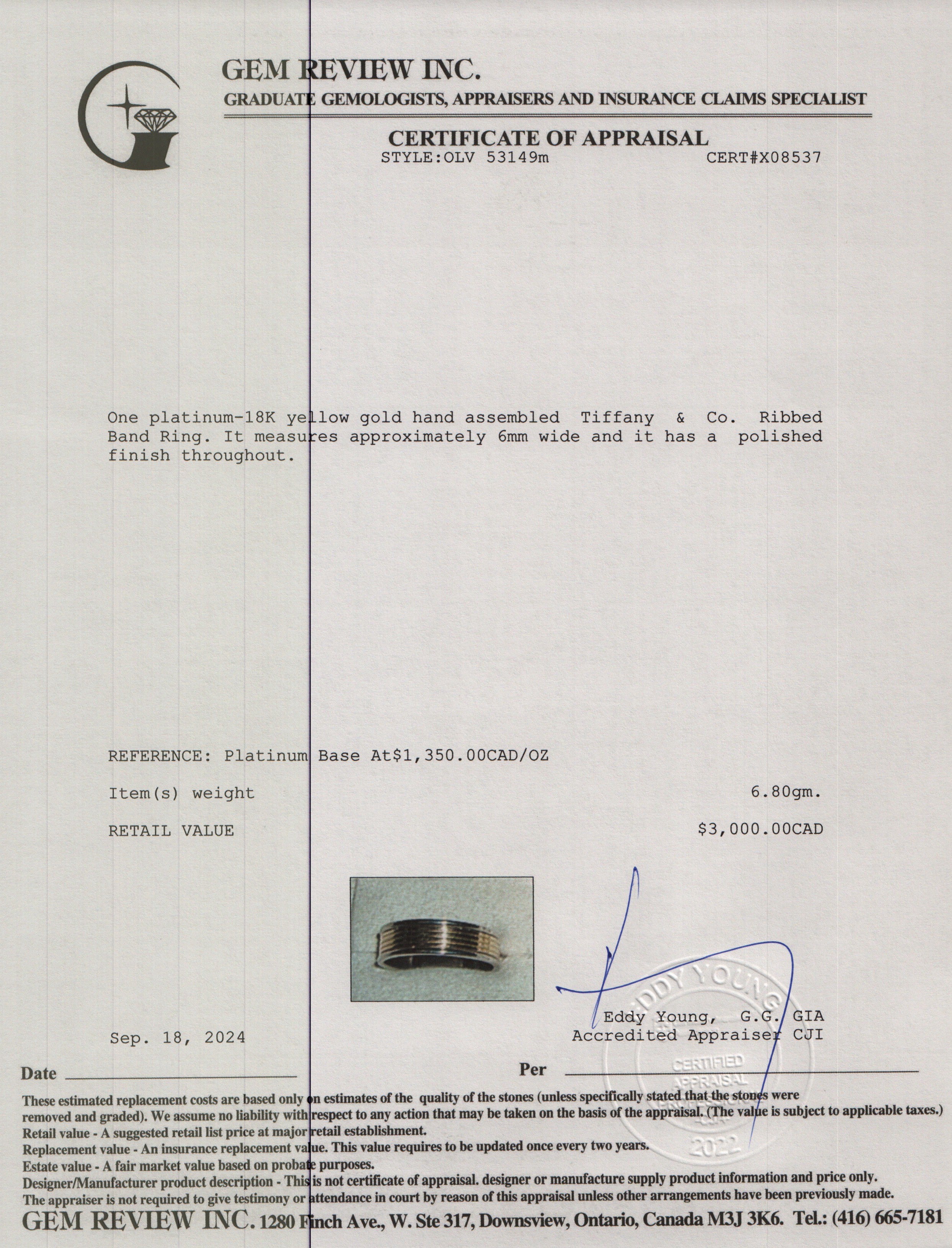 Tiffany & Co. Platinum & 18k Yellow Gold Ribbed Band Ring, Size 6.75