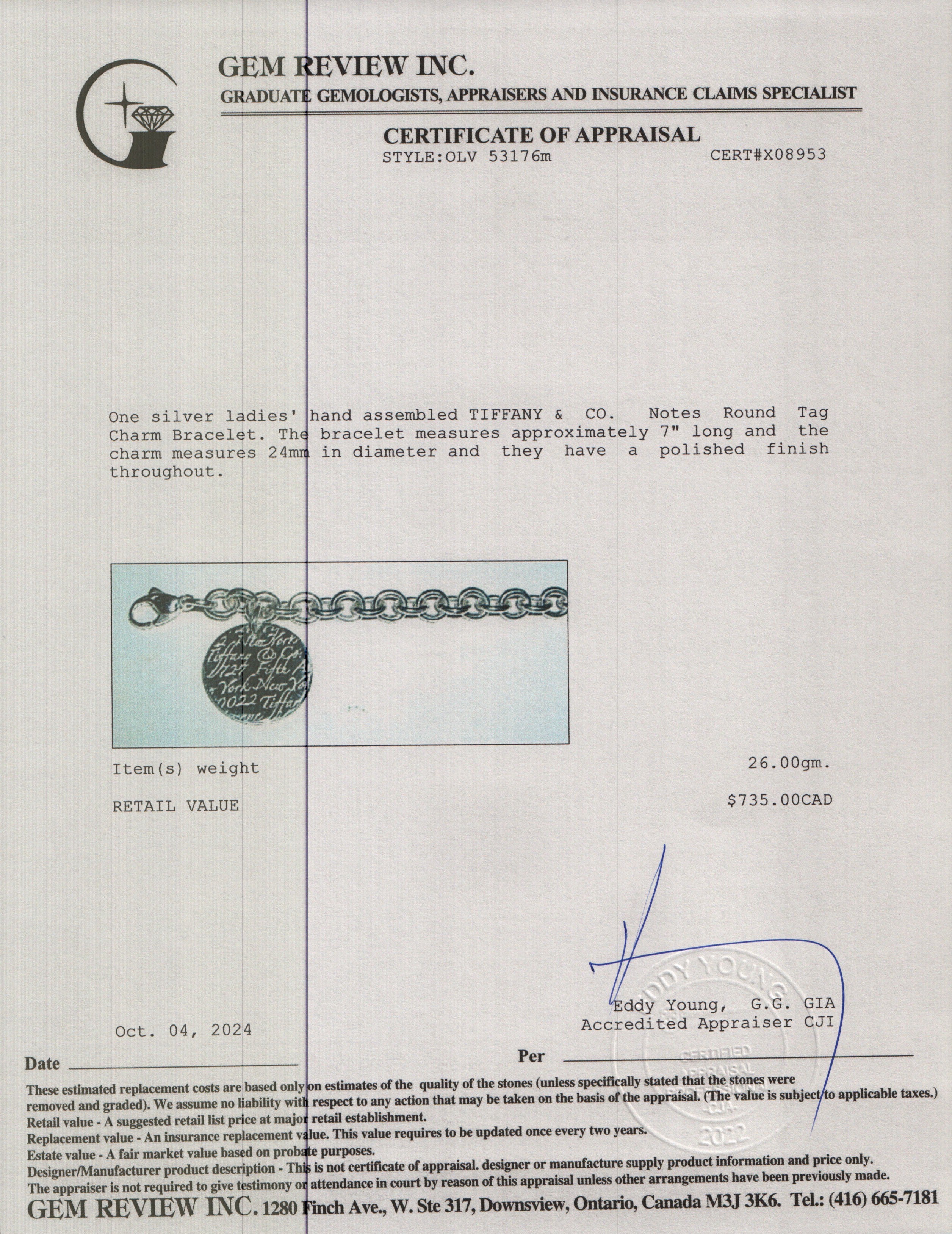 Tiffany & Co. Sterling Silver Notes Round Tag Charm Bracelet