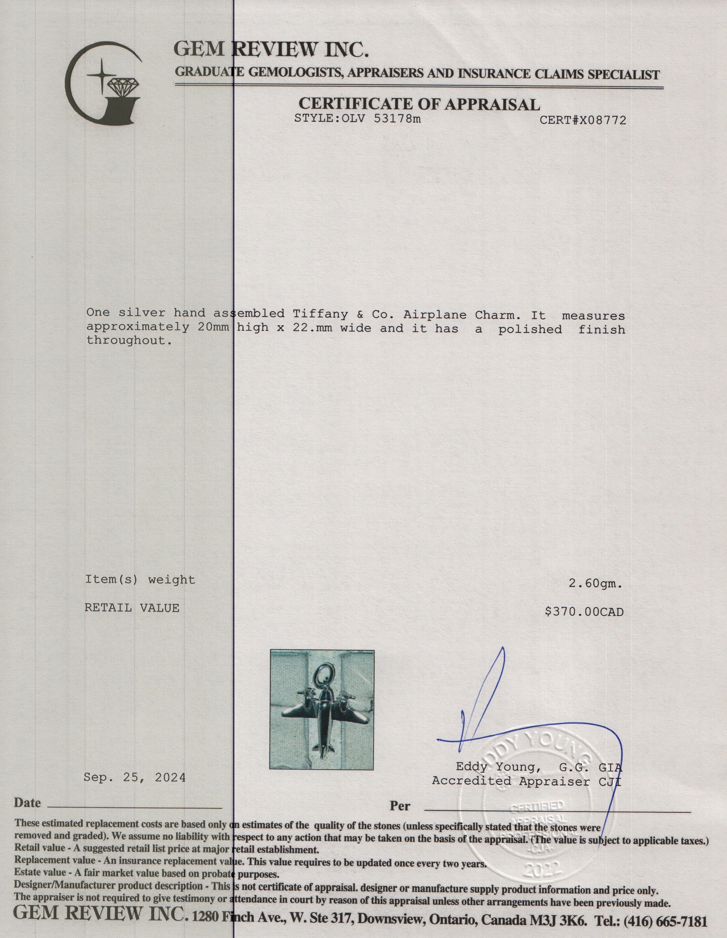 Tiffany & Co. Sterling Silver Airplane Charm