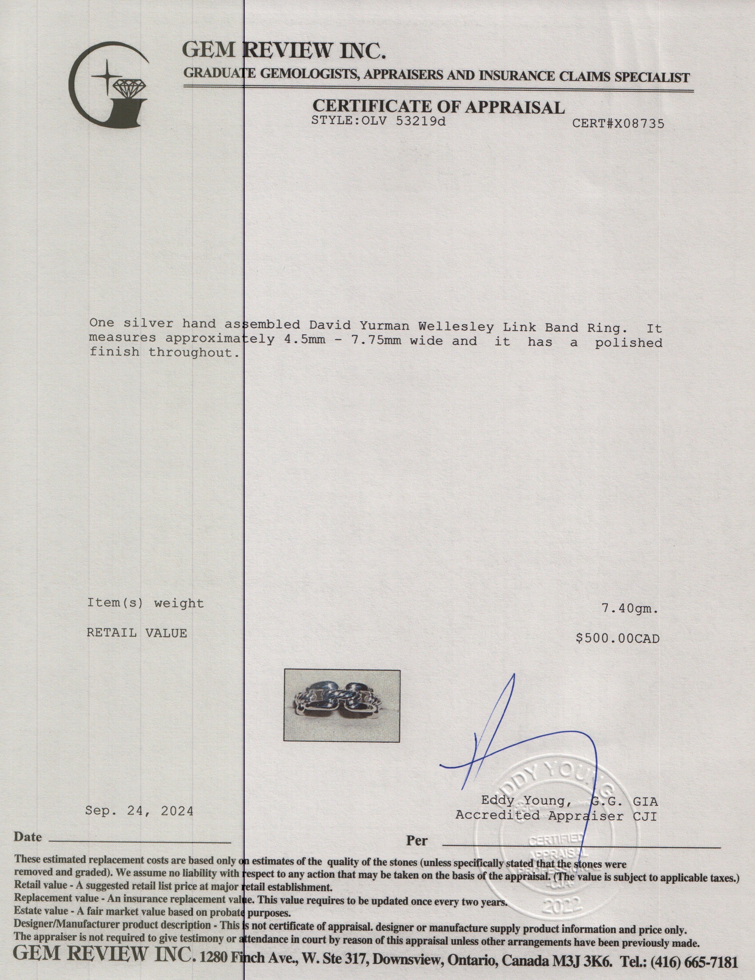 David Yurman Sterling Silver Wellesley Link Band Ring, Size 7 w/ Box