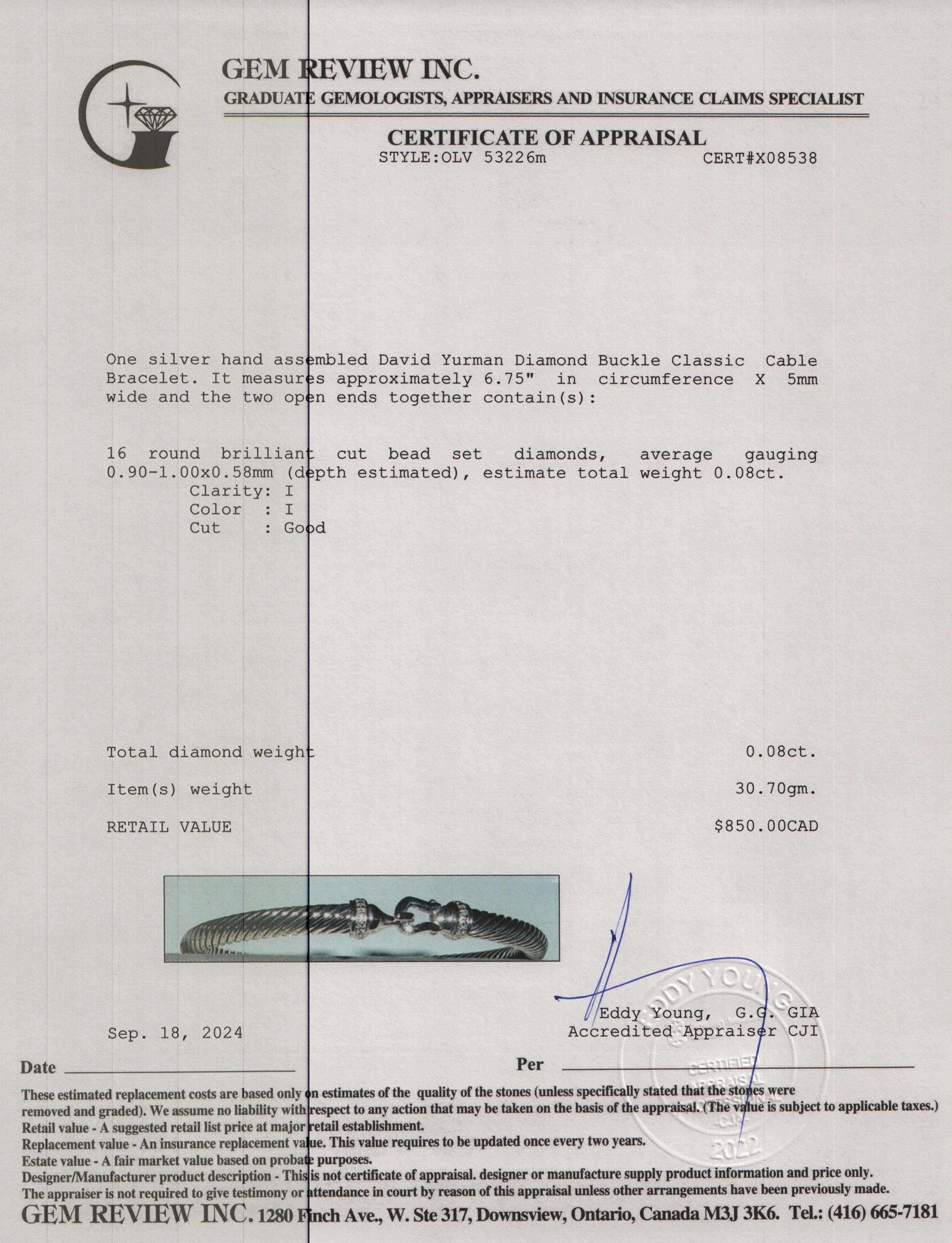 David Yurman Sterling Silver Diamond 5MM Buckle Classic Cable Bracelet