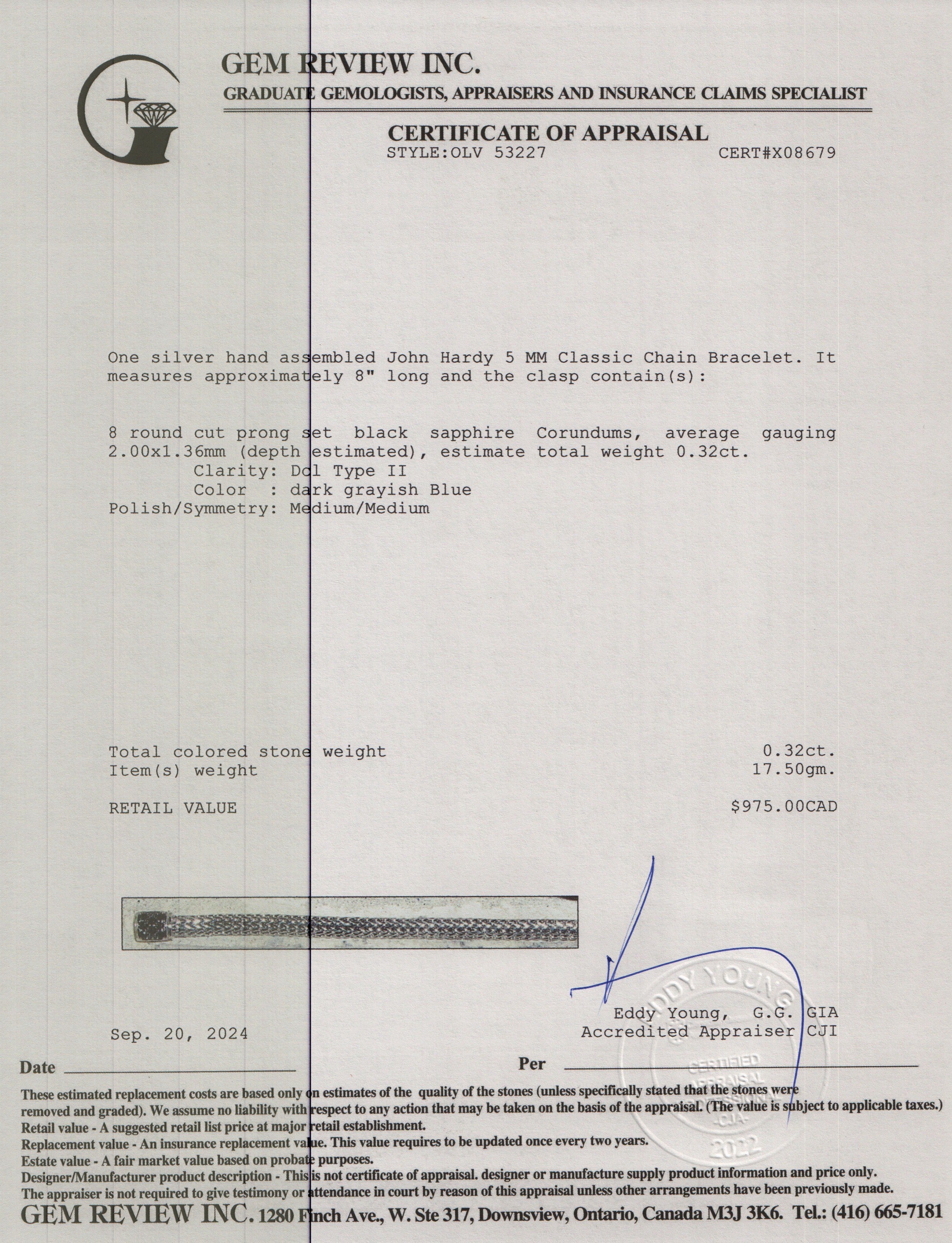 John Hardy Sterling Silver 5 MM Classic Chain Bracelet with Black Sapphire