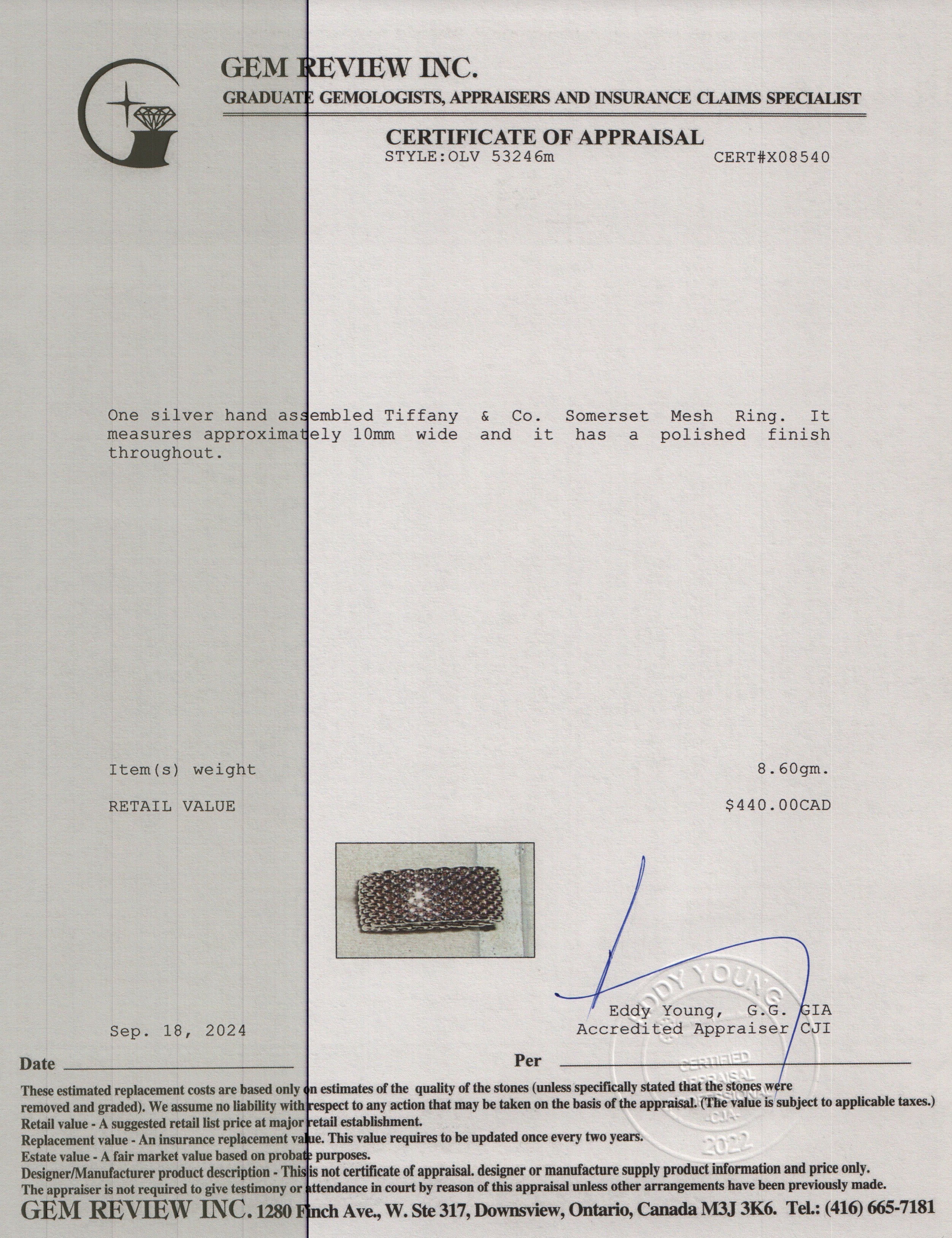 Tiffany & Co. Sterling Silver Somerset Mesh Ring, Size 7