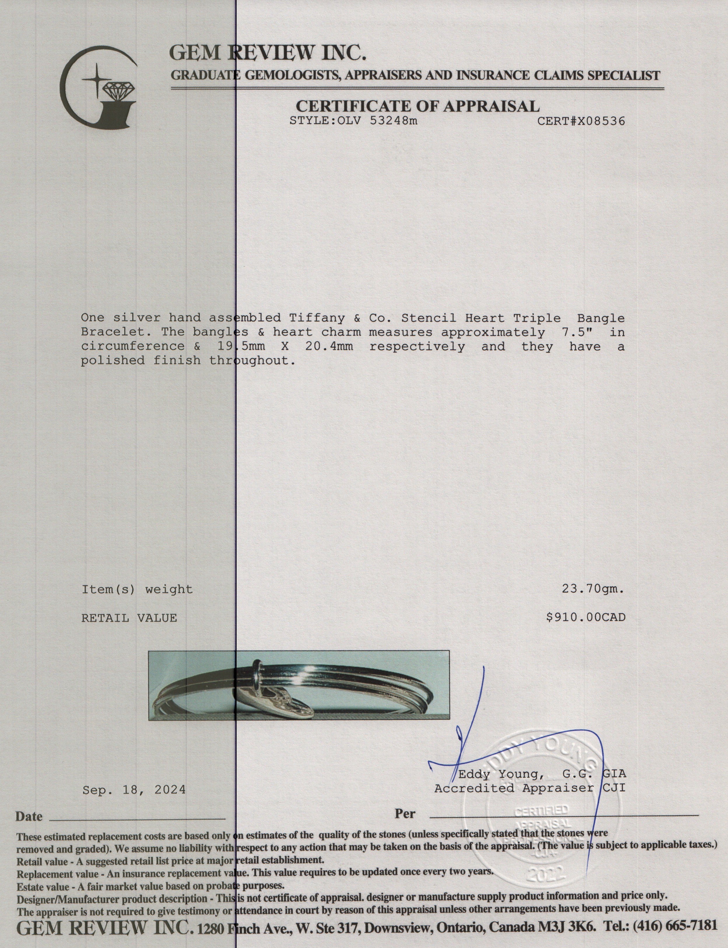 Tiffany & Co. Sterling Silver Stencil Heart Triple Bangle Bracelet
