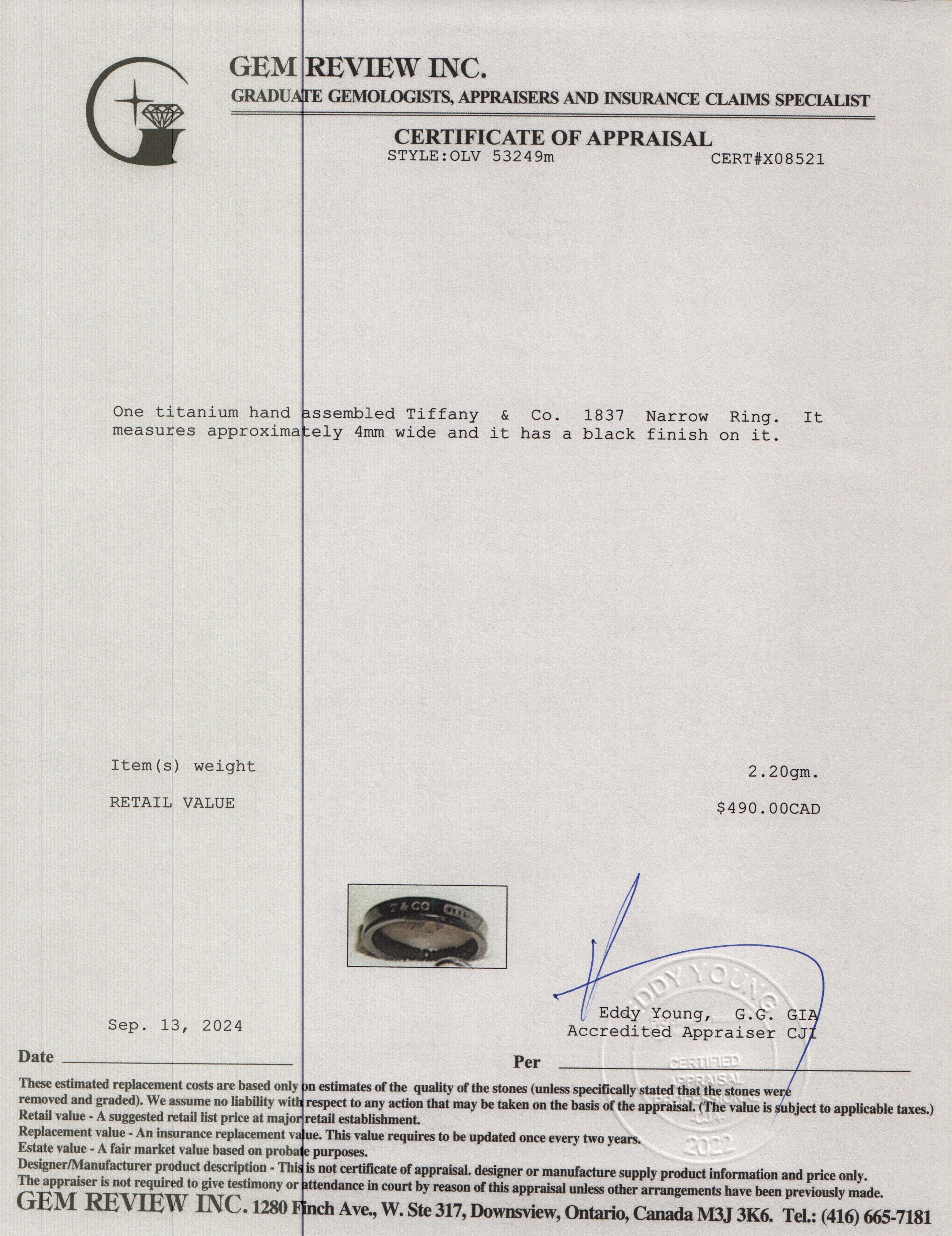 Tiffany & Co. Titanium 1837 Narrow Ring, Size 6