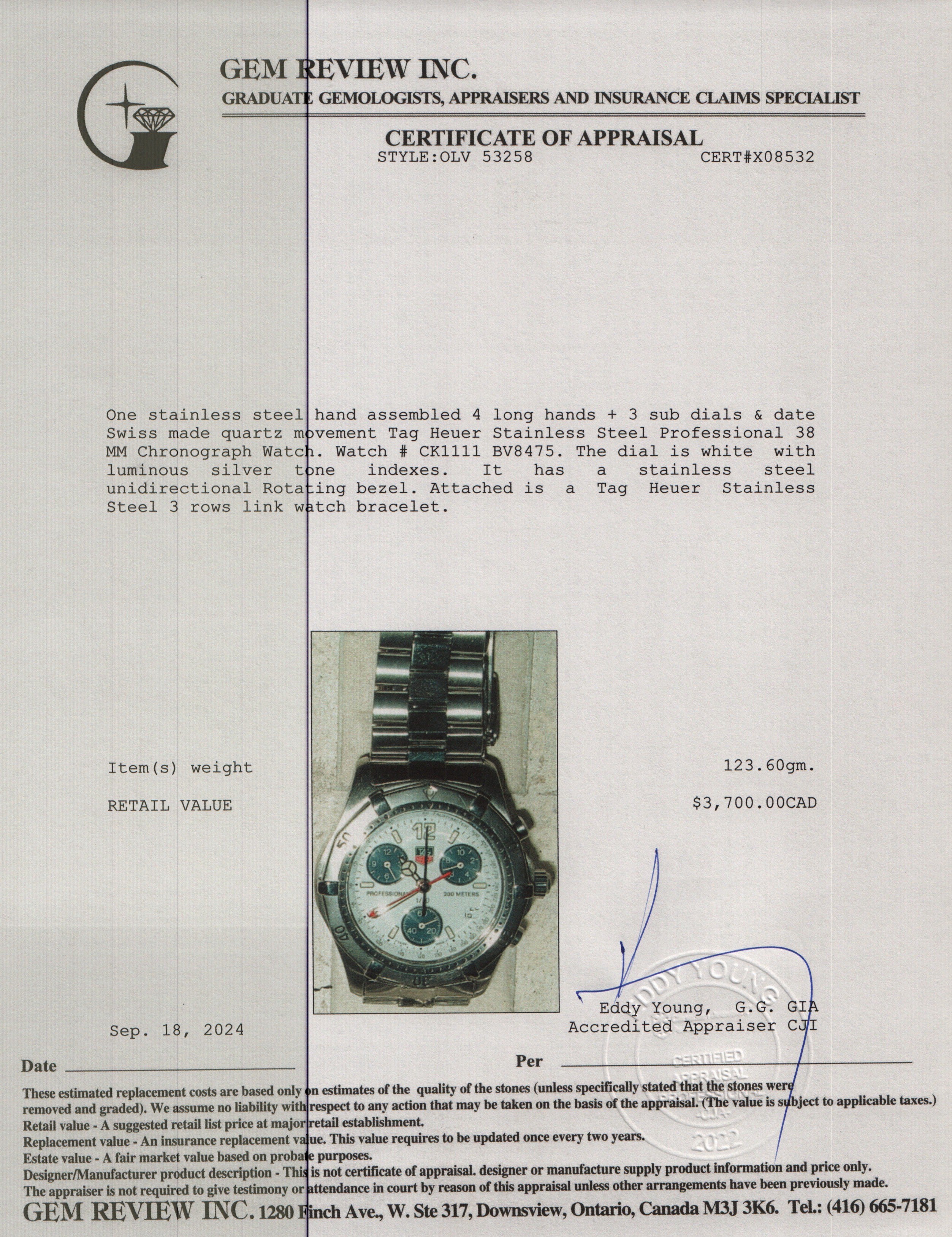 Tag Heuer Stainless Steel Professional 38 MM Chronograph Watch CK1111