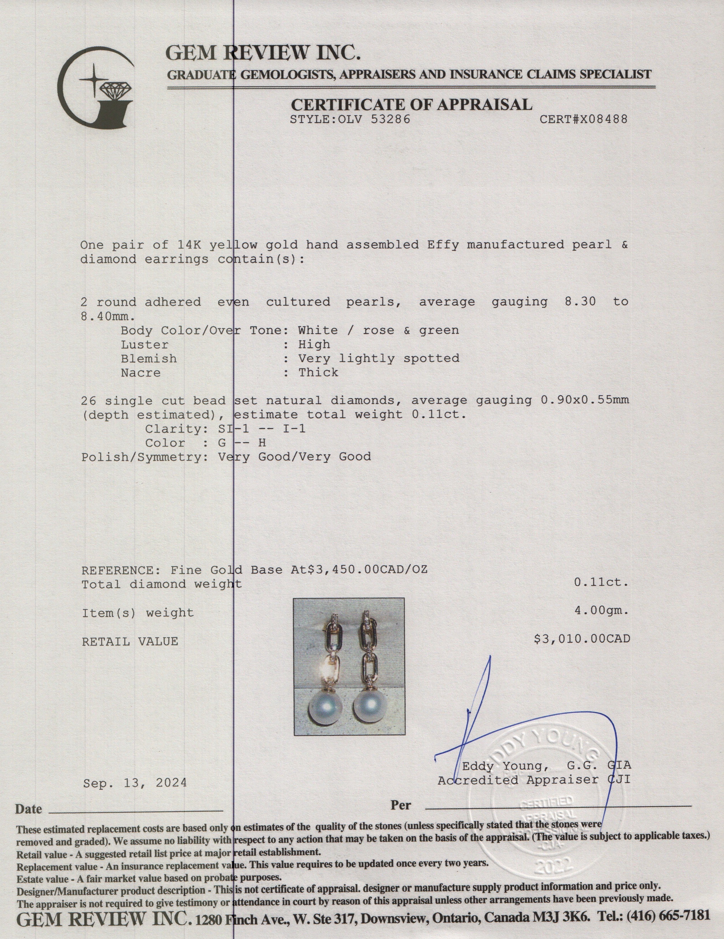 Effy 14k Yellow Gold Pearl & Diamond Drop Earrings