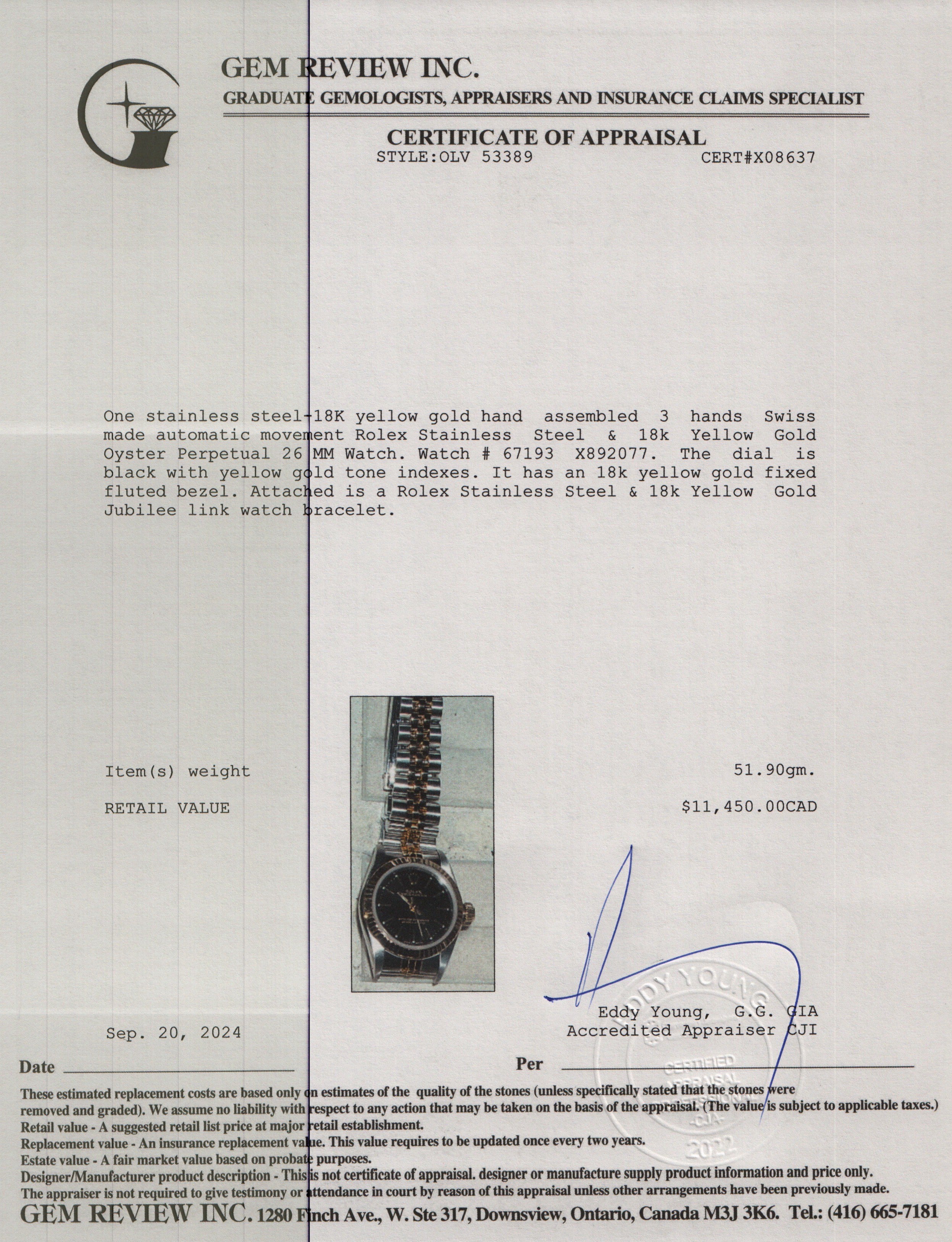 Rolex Stainless Steel & 18k Yellow Gold Oyster Perpetual 26 MM Watch 67193 w/ Papers
