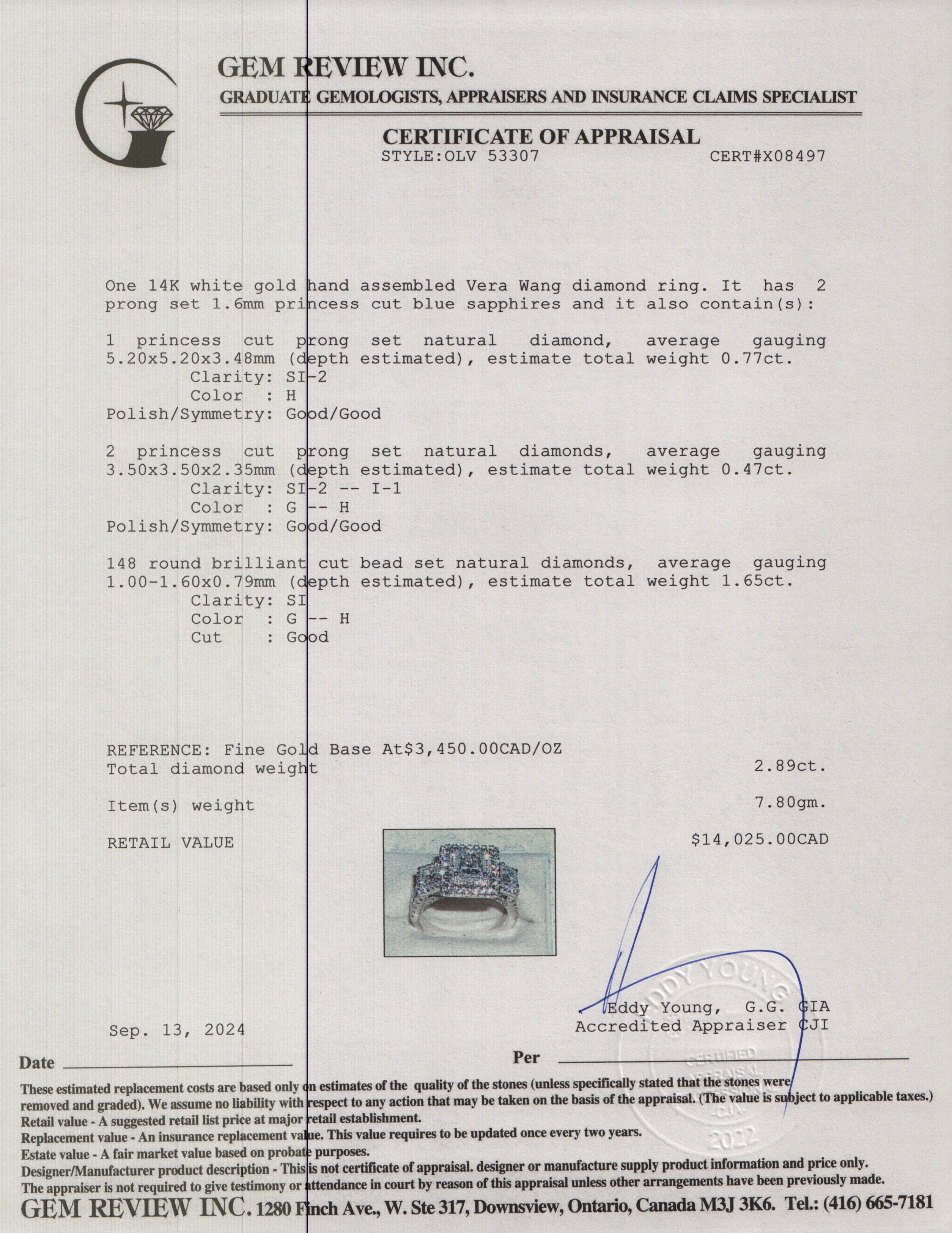 Vera Wang 14k White Gold Love Princess Cut Diamond Engagement Ring, Size 6.25 w/ Box