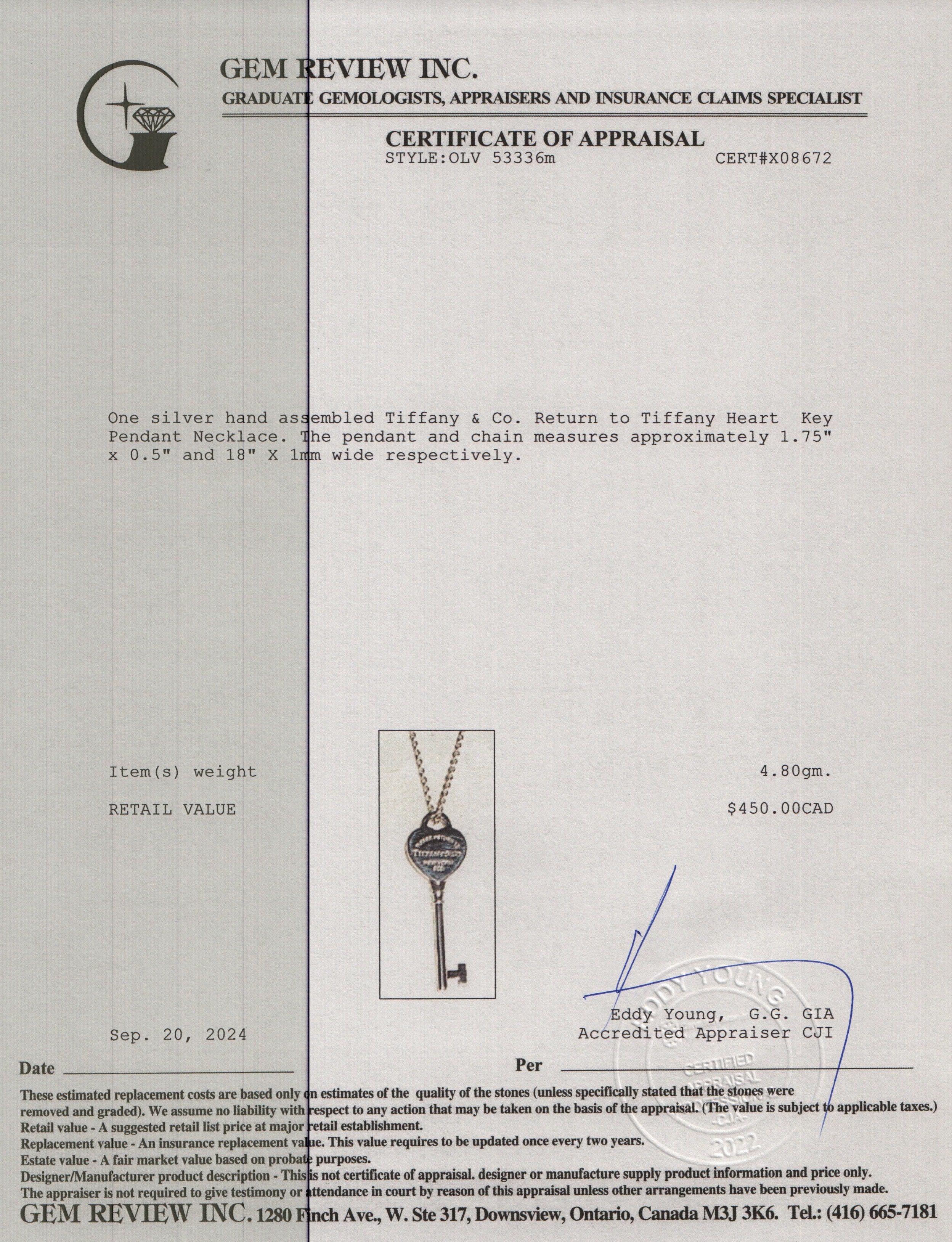 Tiffany & Co. Sterling Silver Return to Tiffany Heart Key Pendant Necklace