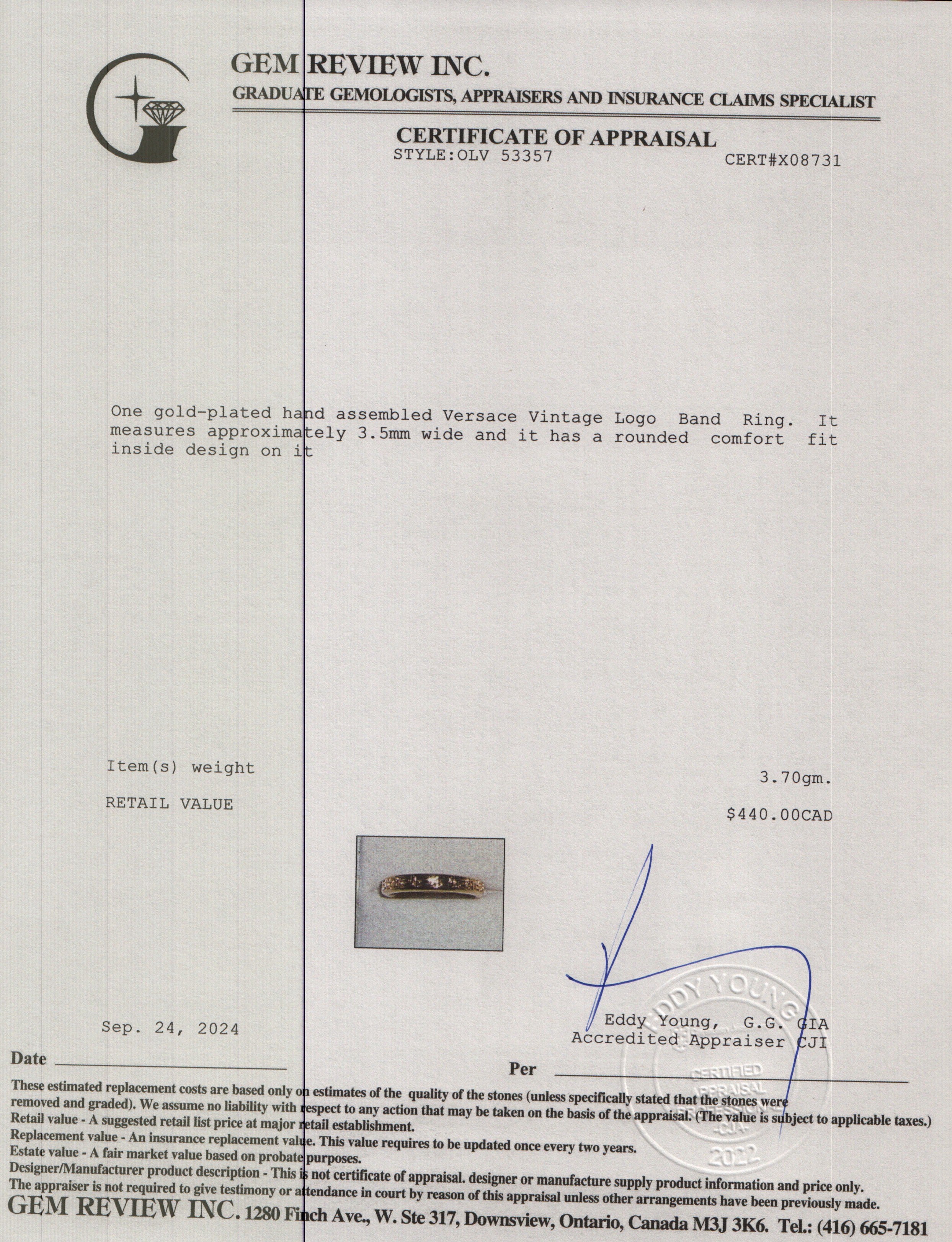 Versace Vintage Gold-Plated Logo Band Ring, Size 4.5