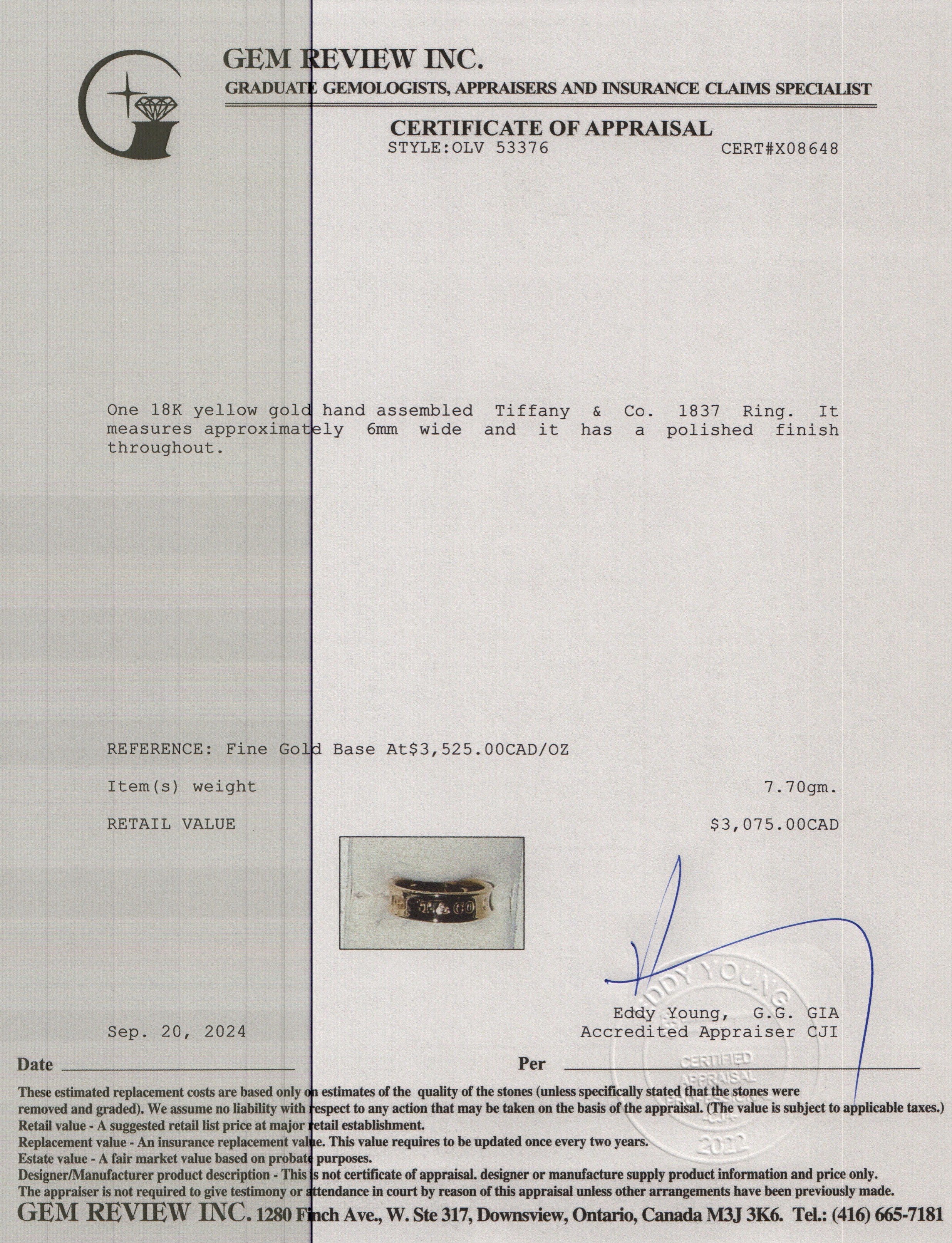Tiffany & Co. 18k Yellow Gold 1837 Ring, Size 7