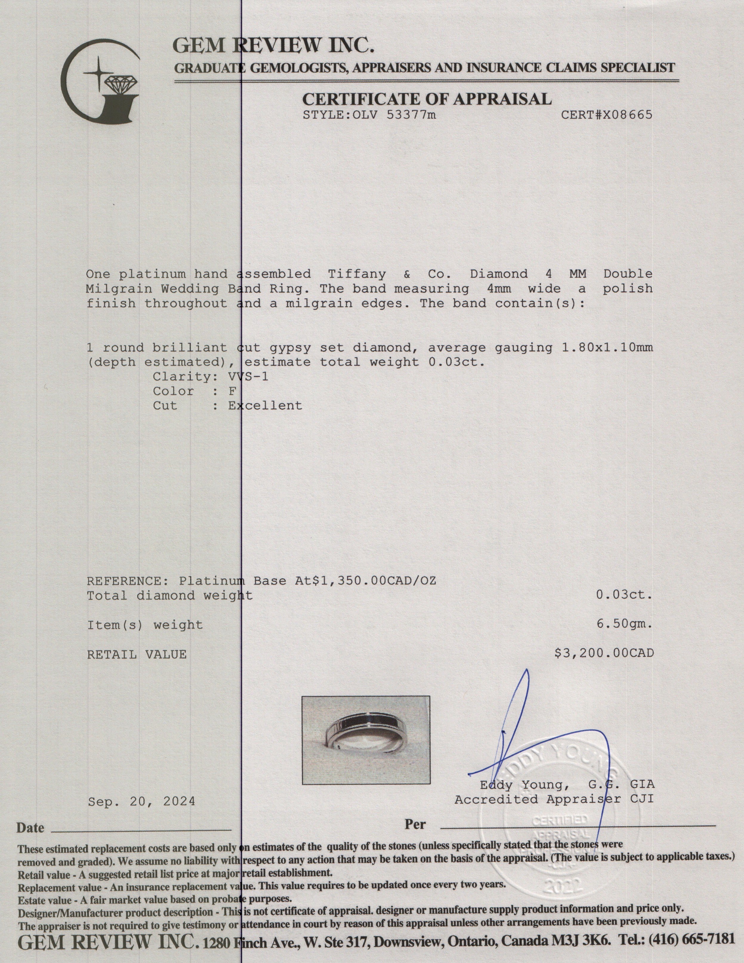 Tiffany & Co. Platinum & Diamond 4 MM Double Milgrain Wedding Band Ring, Size 6.5