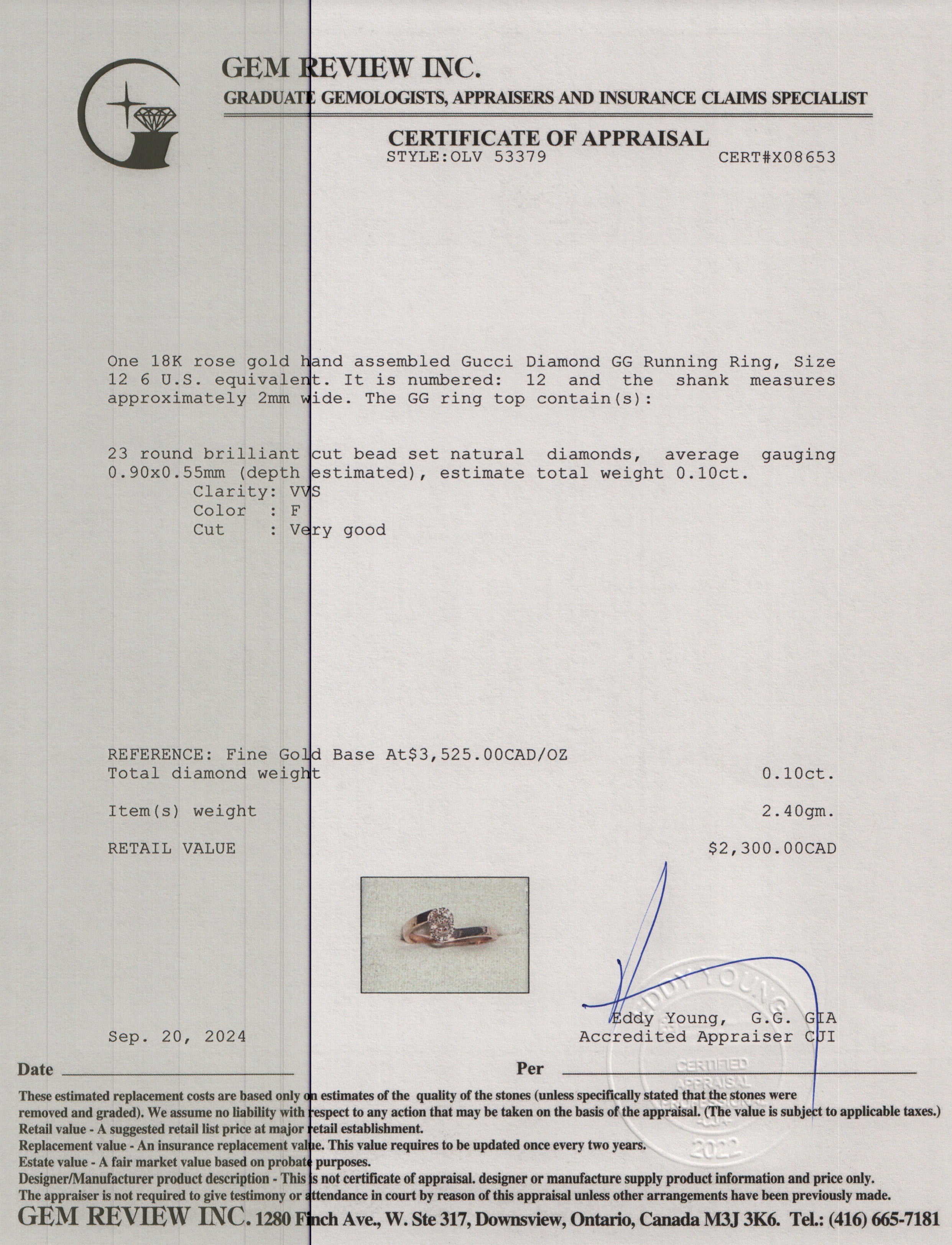 Gucci 18k Rose Gold Diamond GG Running Ring, Size 12 6