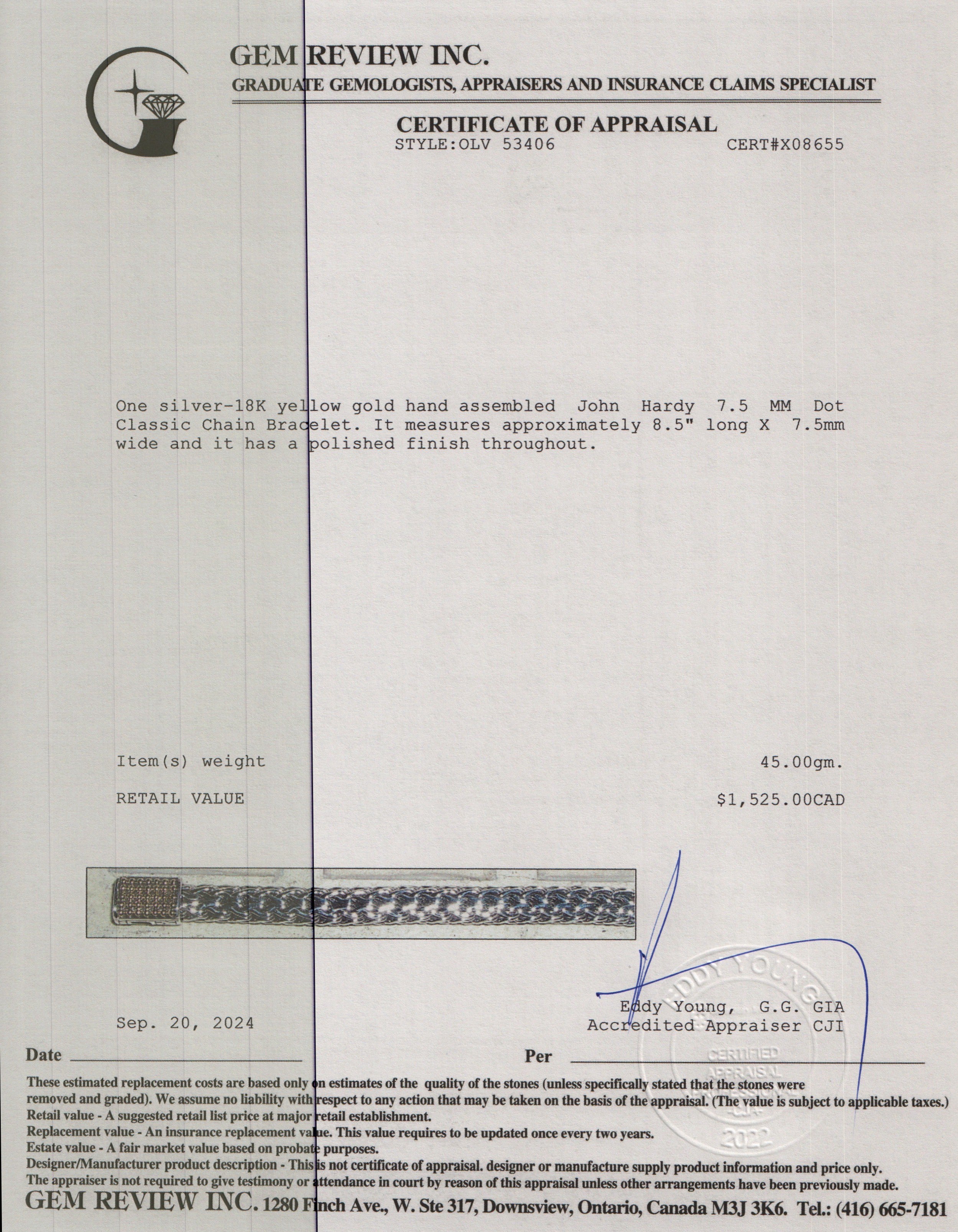 John Hardy Sterling Silver & 18k Yellow Gold 7.5 MM Dot Classic Chain Bracelet